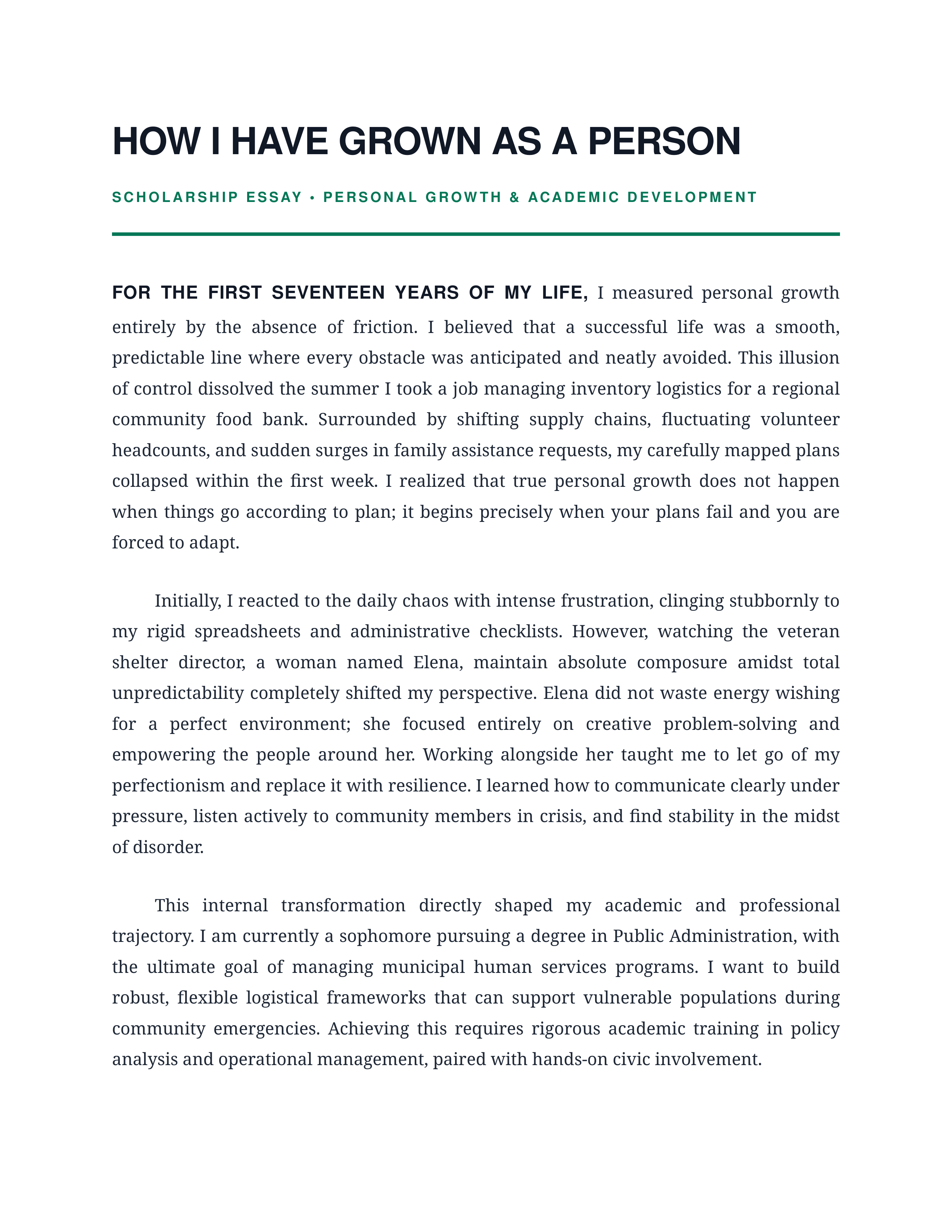 How I Have Grown as a Person Scholarship Essay — page 1