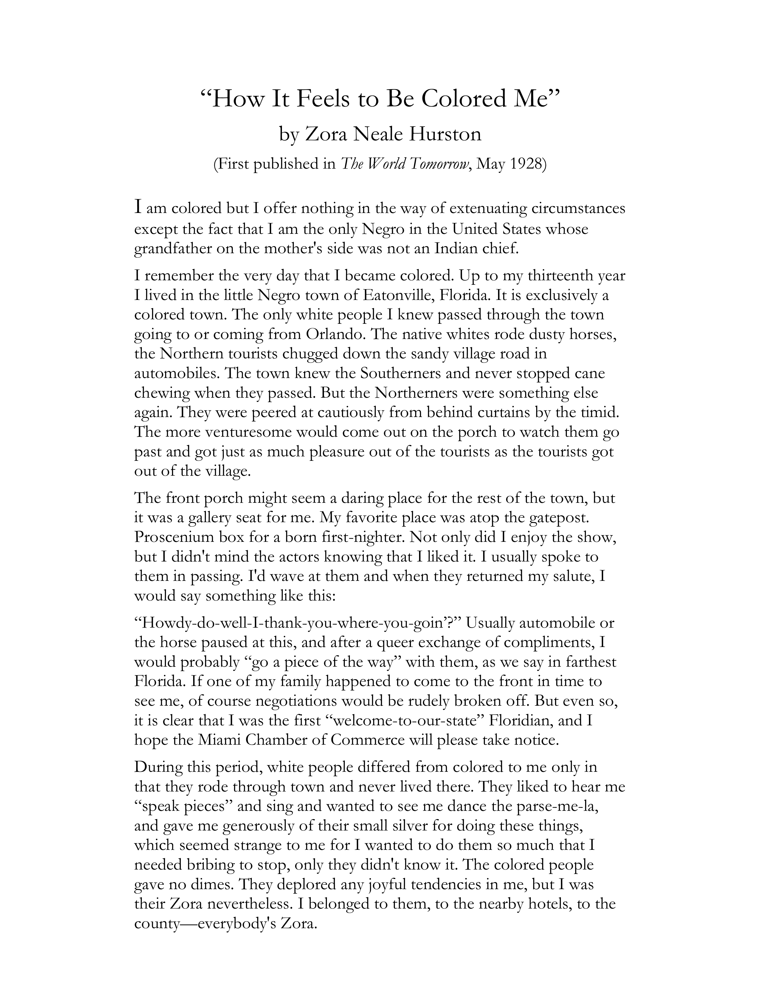 How It Feels to Be Colored Me Essay — page 1