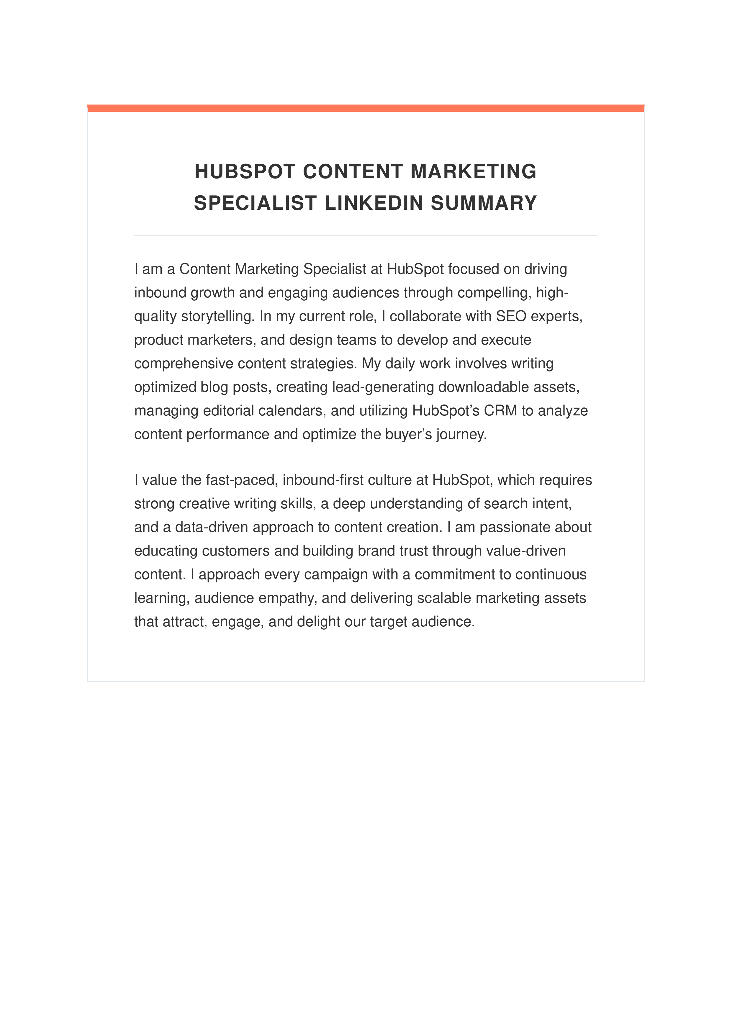 HubSpot Content Marketing Specialist LinkedIn Summary — page 1