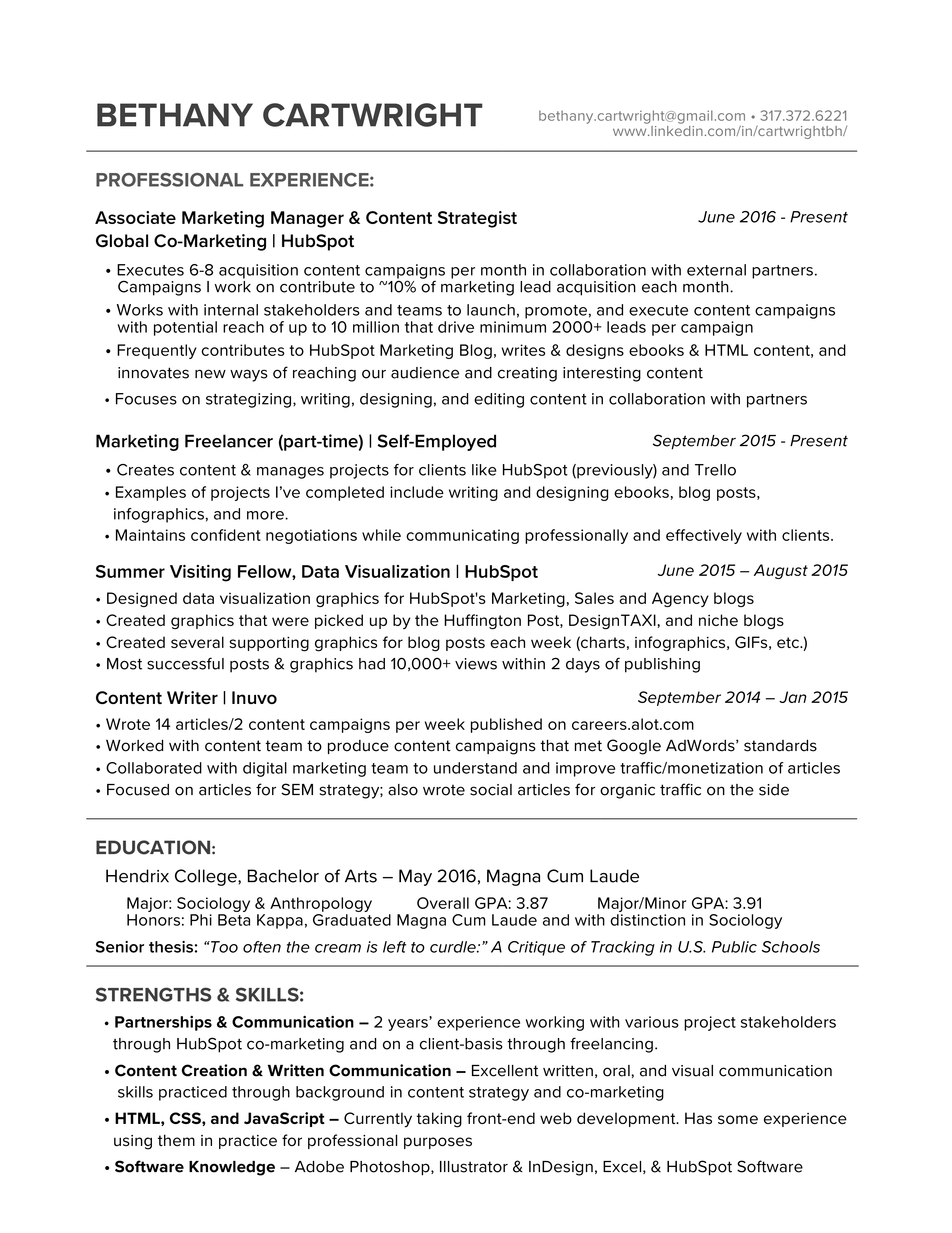 HubSpot Content Writer Resume — page 1