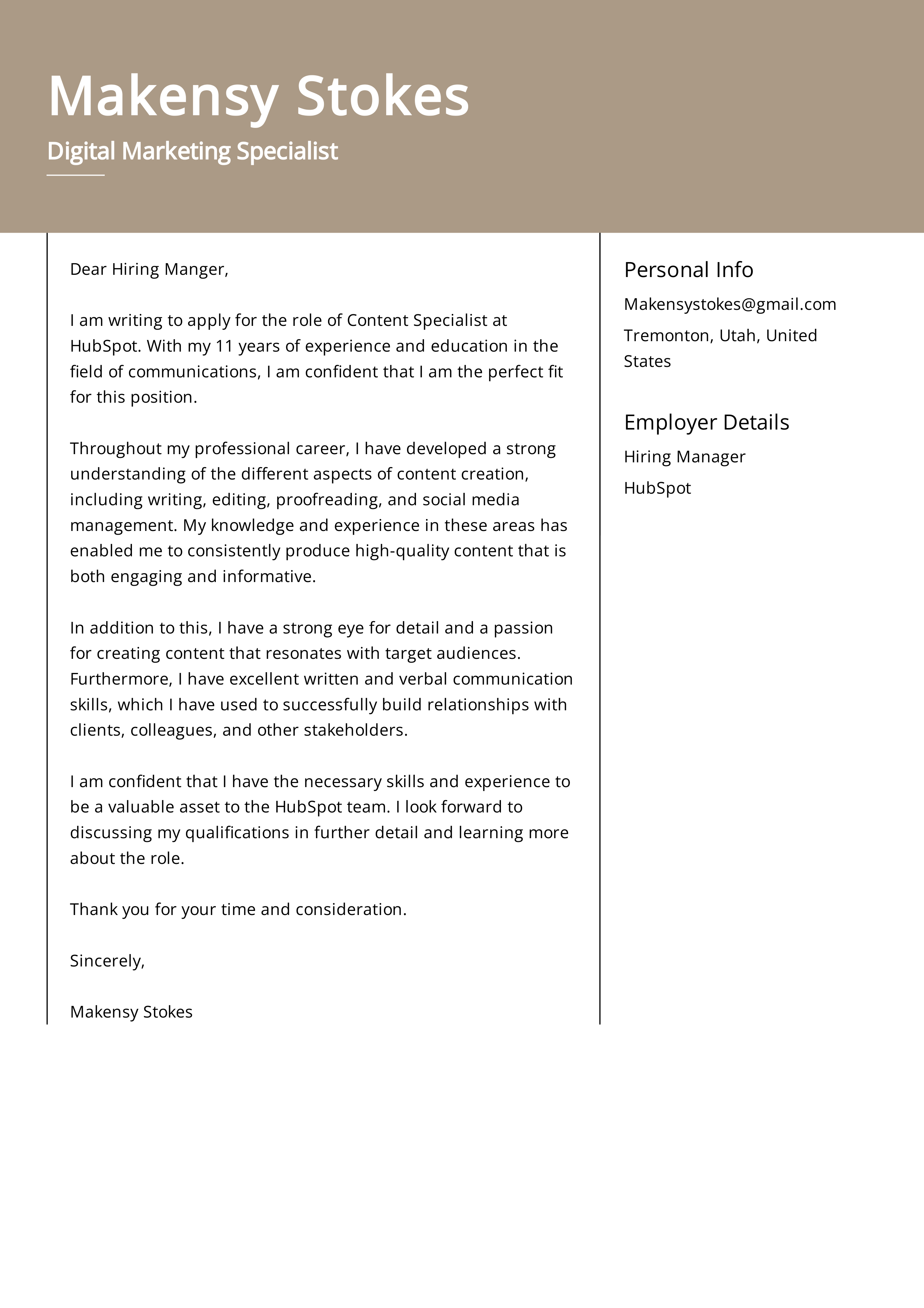 HubSpot Digital Marketing Specialist Cover Letter — page 1