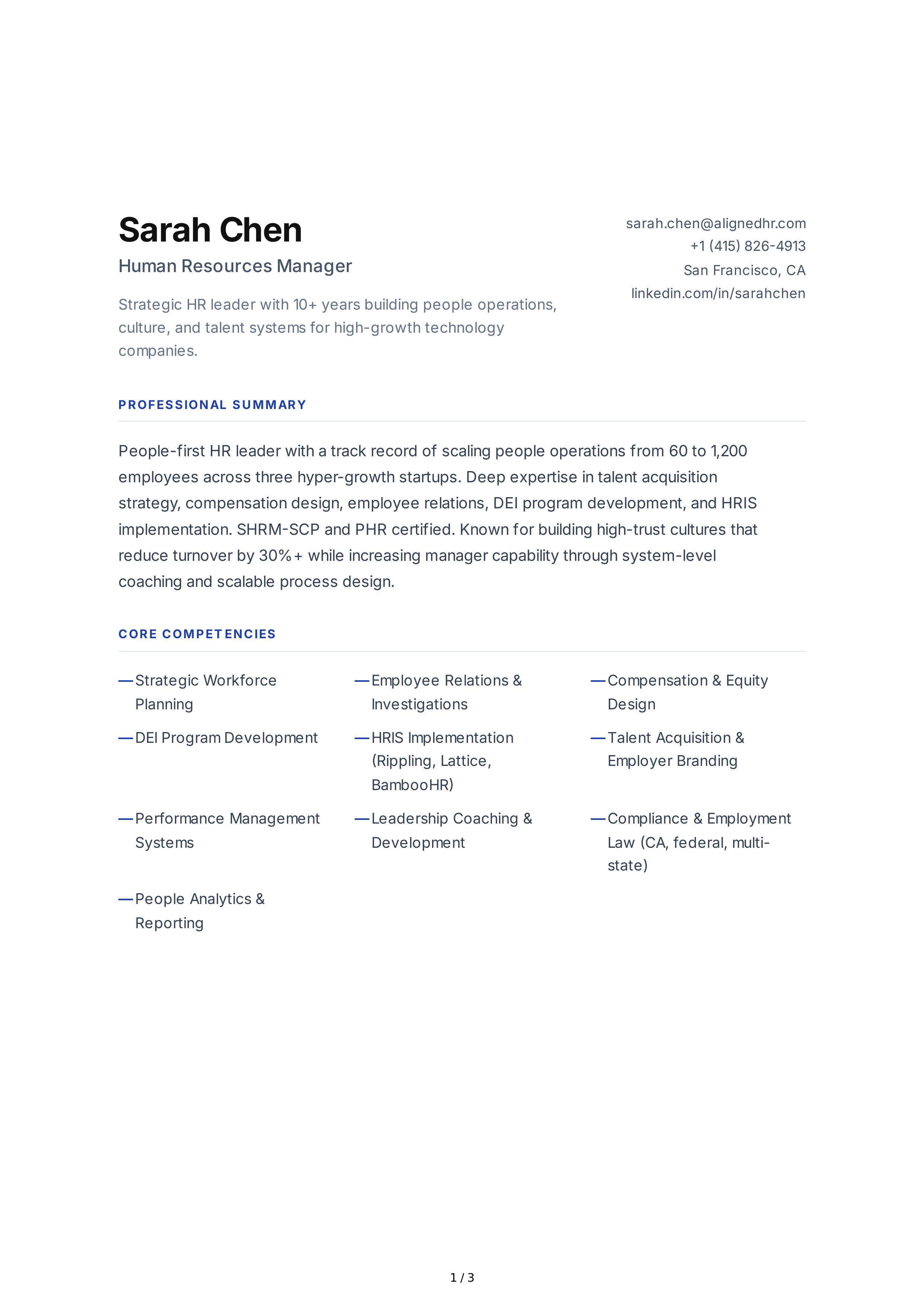 Human Resources Manager CV — page 1