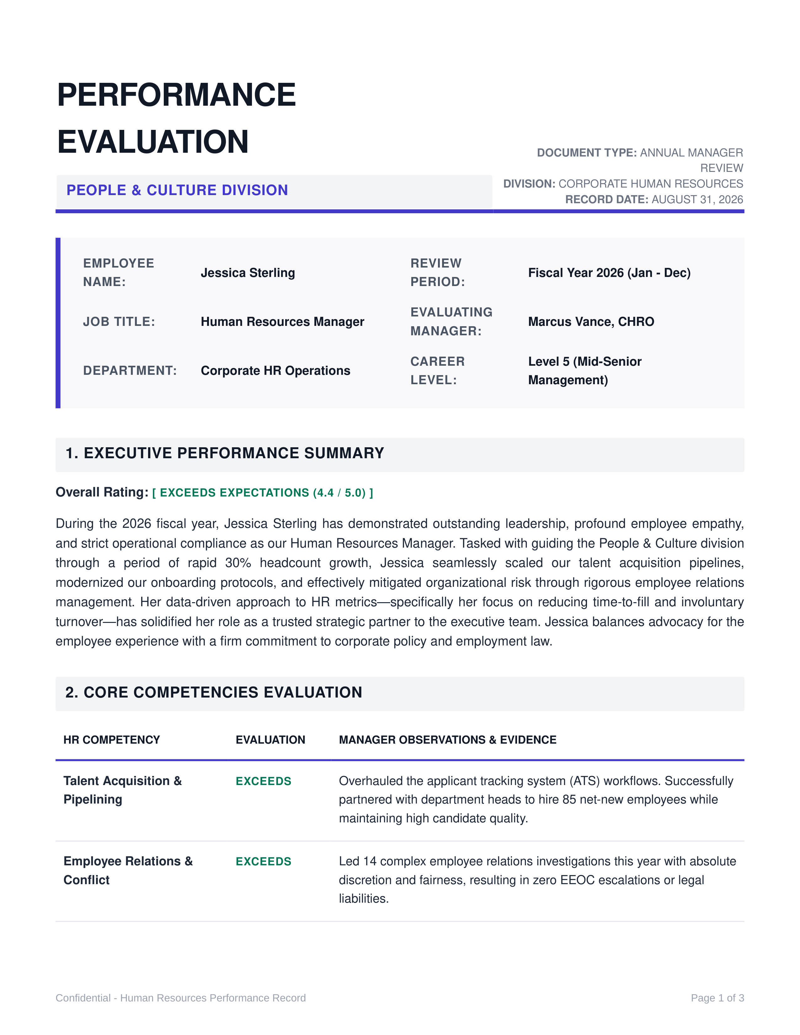 Human Resources Manager Performance Review — page 1