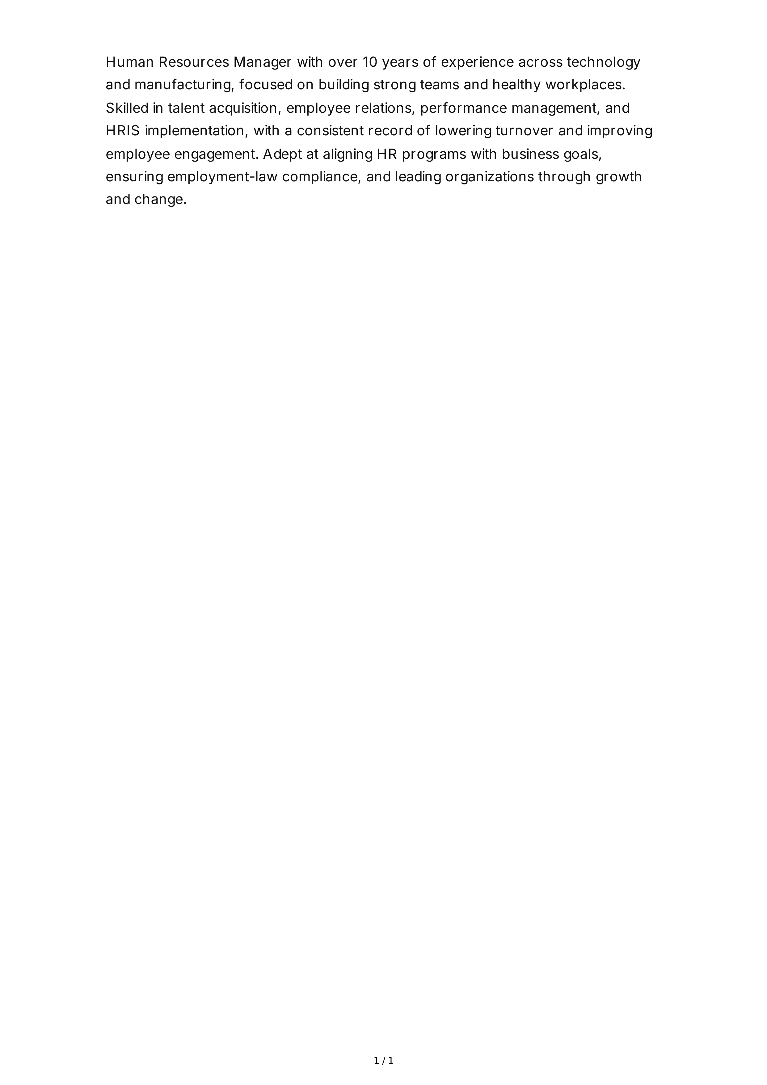 Human Resources Manager Resume Summary — page 1