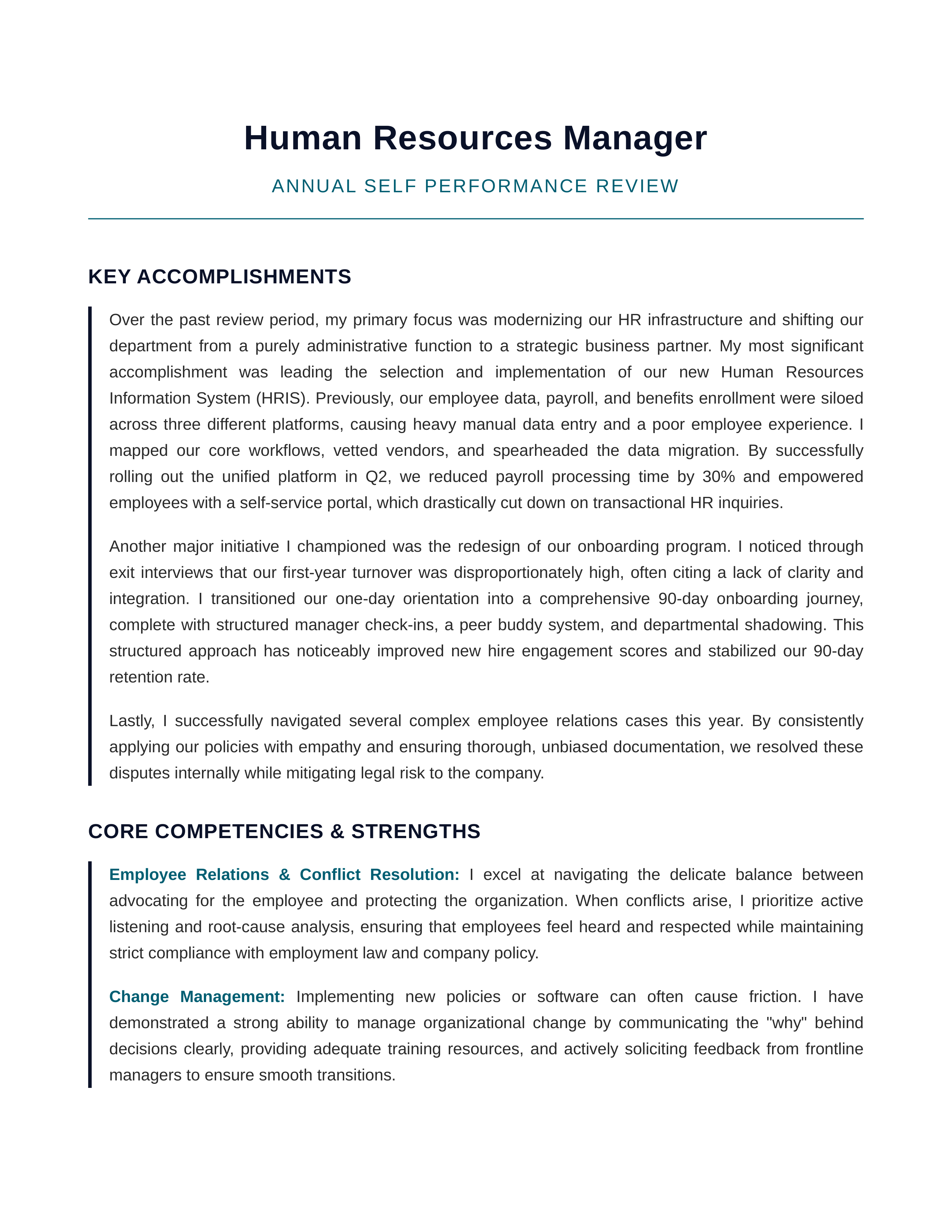 Human Resources Manager Self Performance Review — page 1