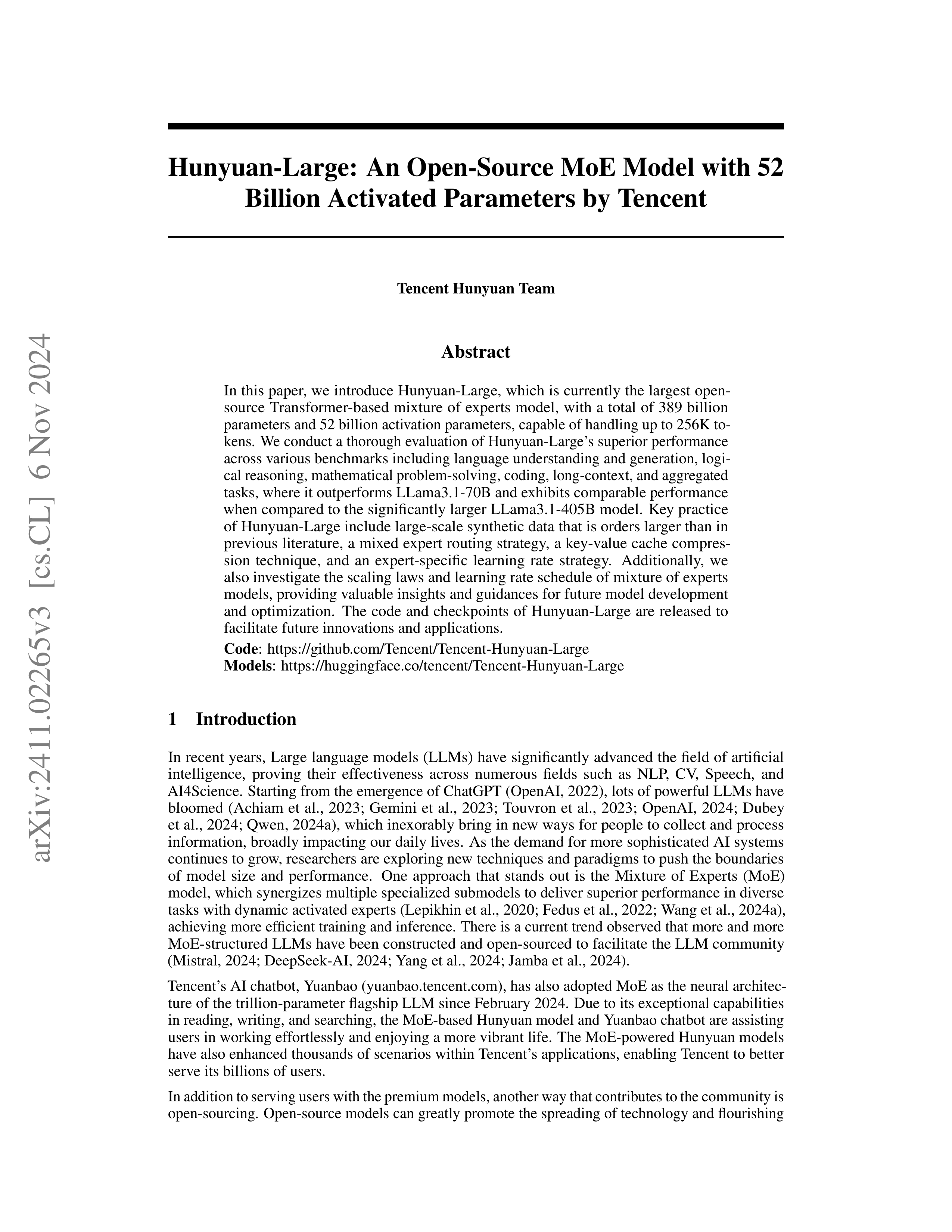 Hunyuan-Large Research Paper by Tencent — page 1