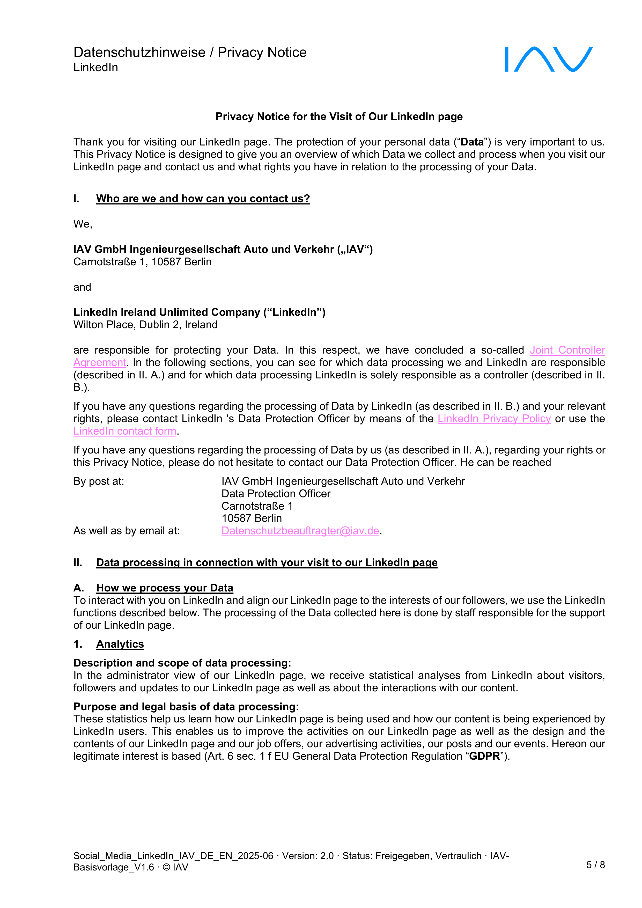 IAV LinkedIn Privacy Notice — page 1