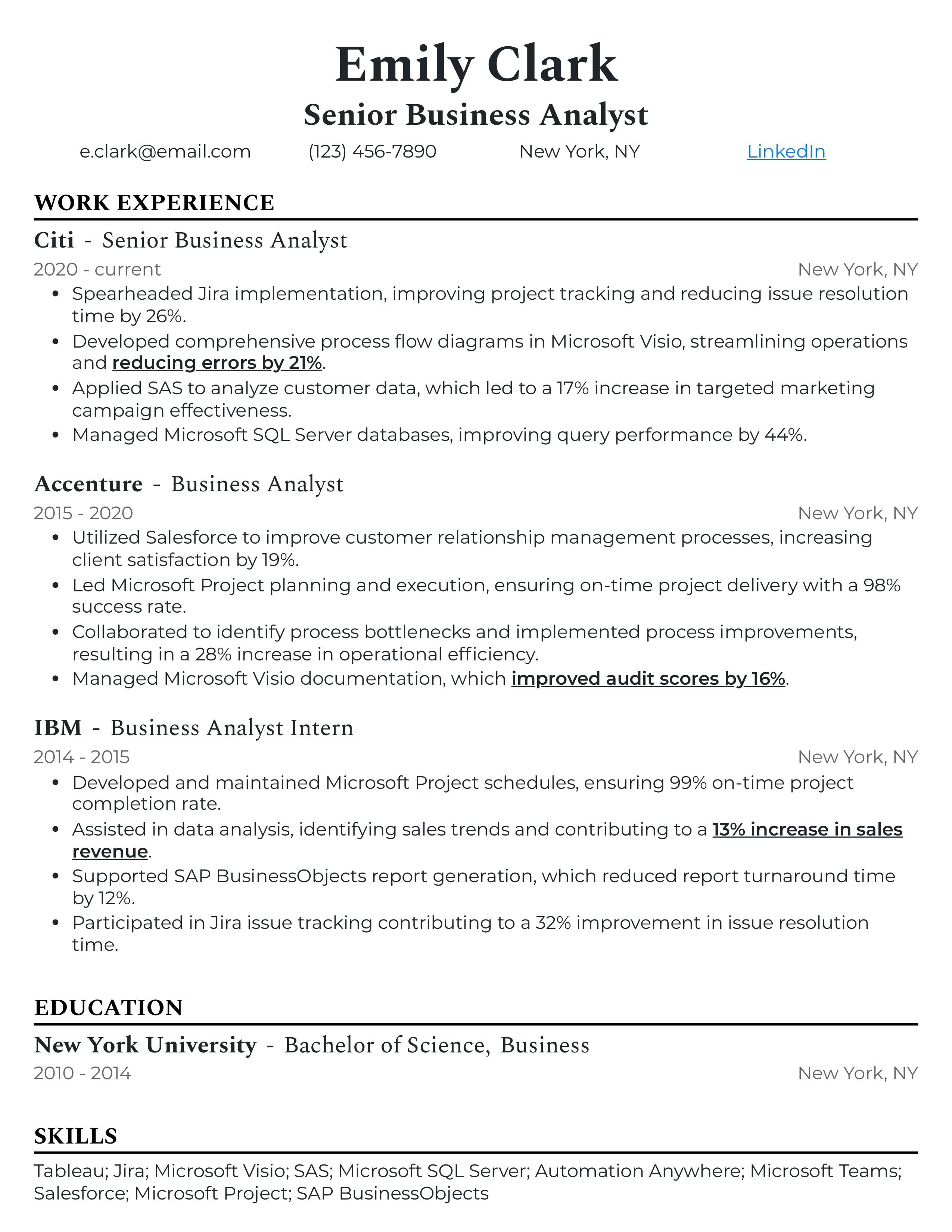 IBM Business Analyst Resume — page 1