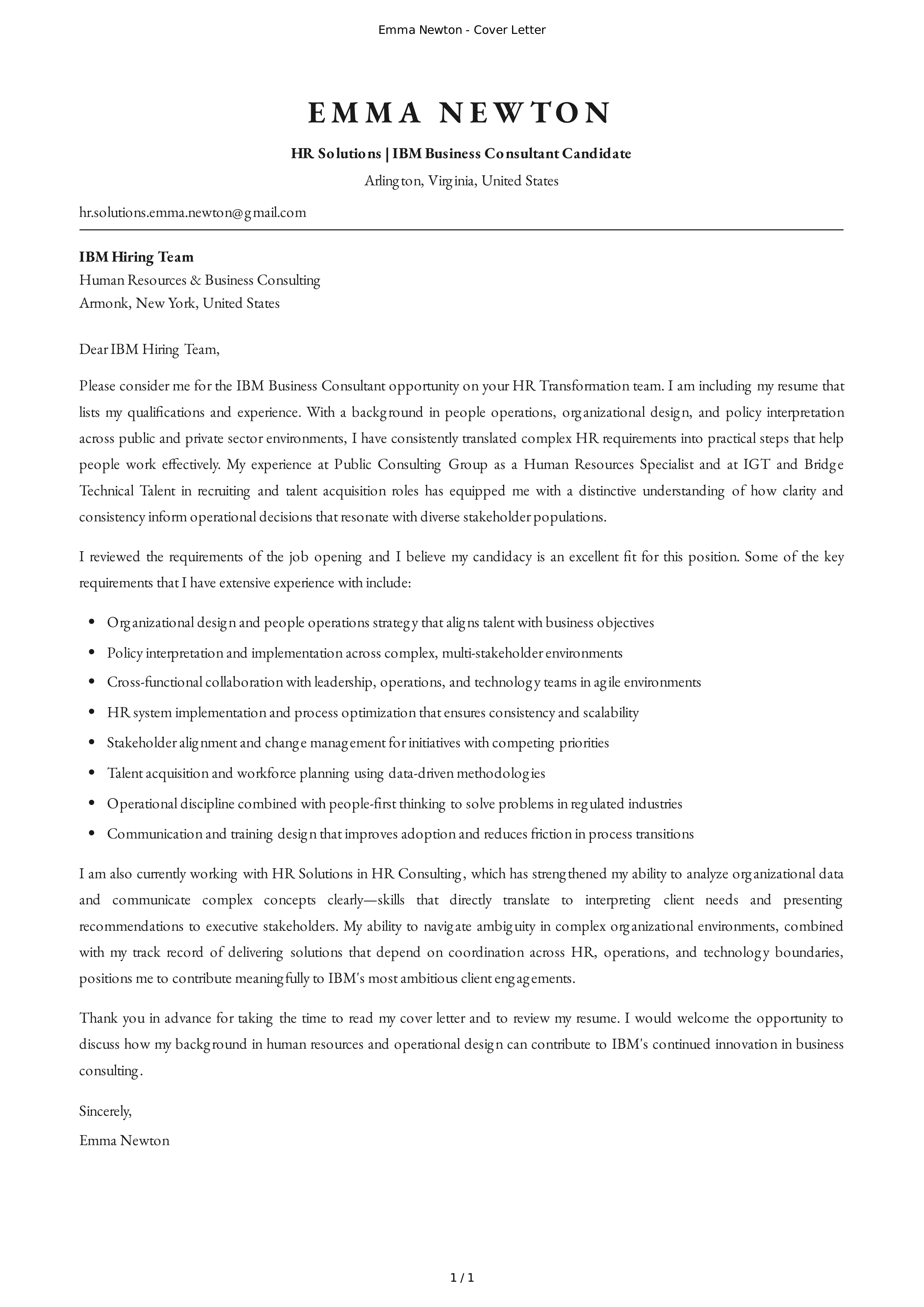 IBM Business Consultant Cover Letter — page 1