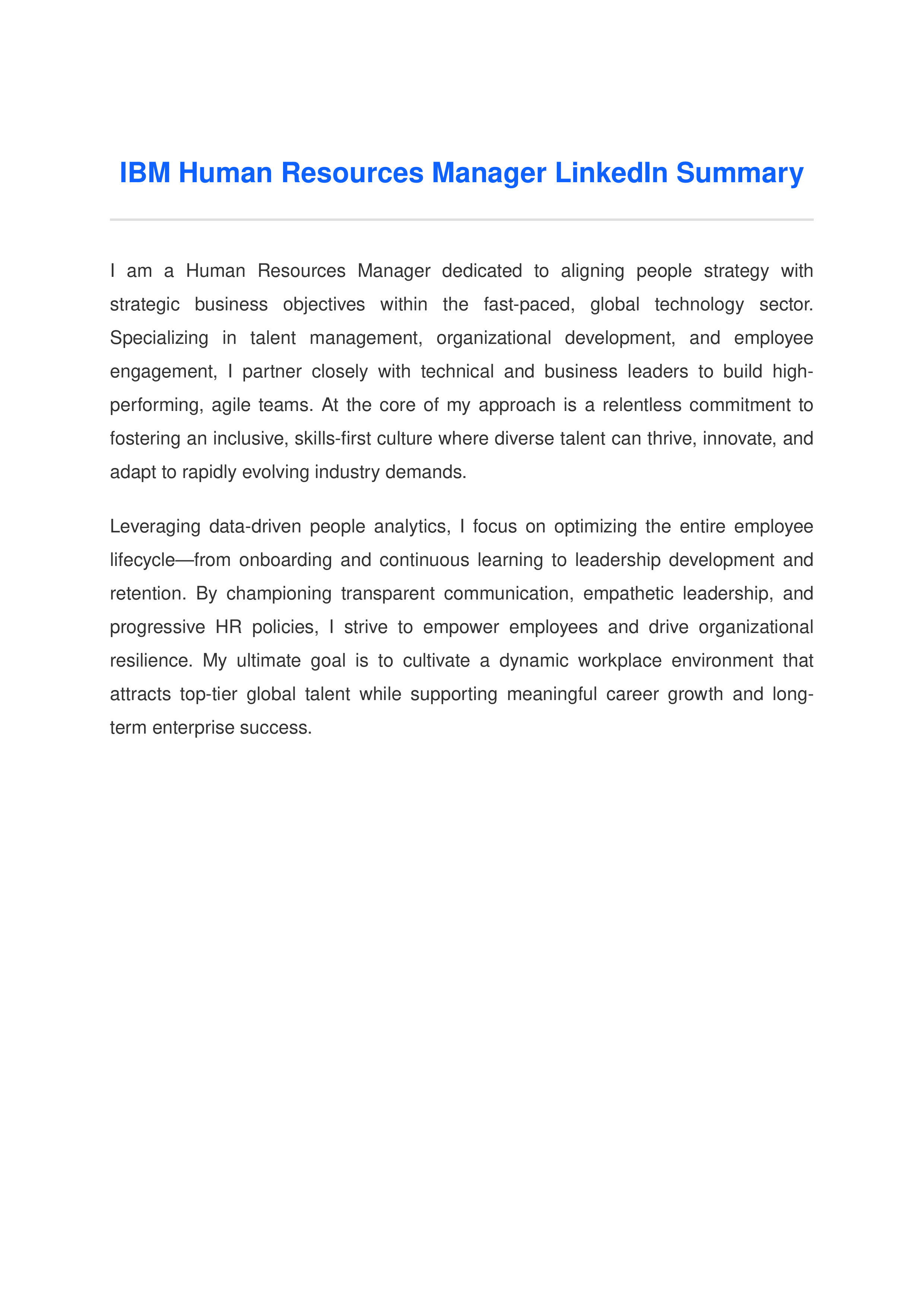 IBM Human Resources Manager LinkedIn Summary — page 1