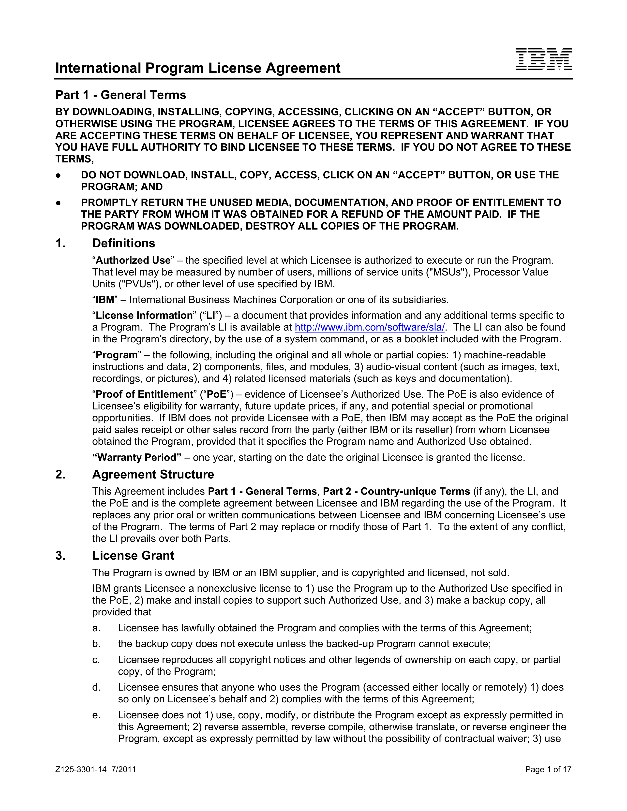 IBM International Program License Agreement — page 1