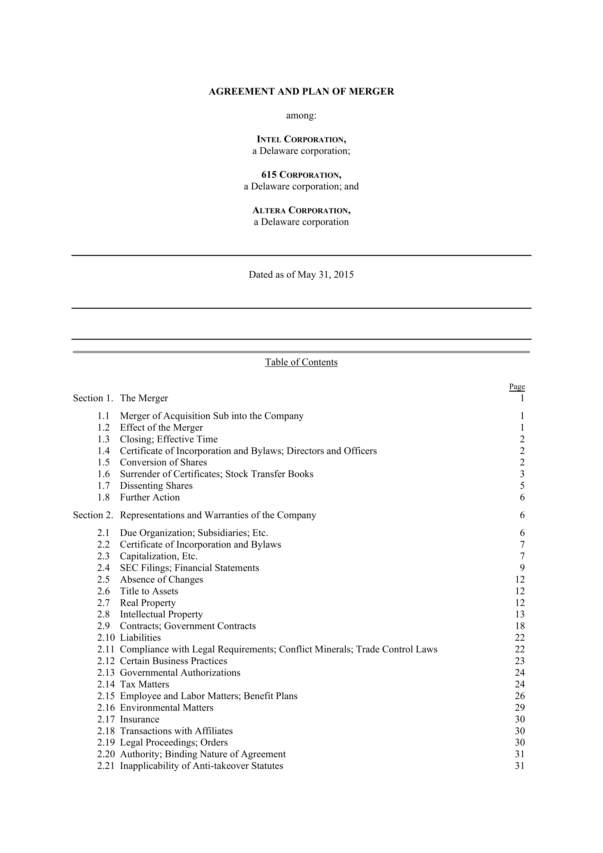 INTEL AGREEMENT AND PLAN OF MERGER — page 1
