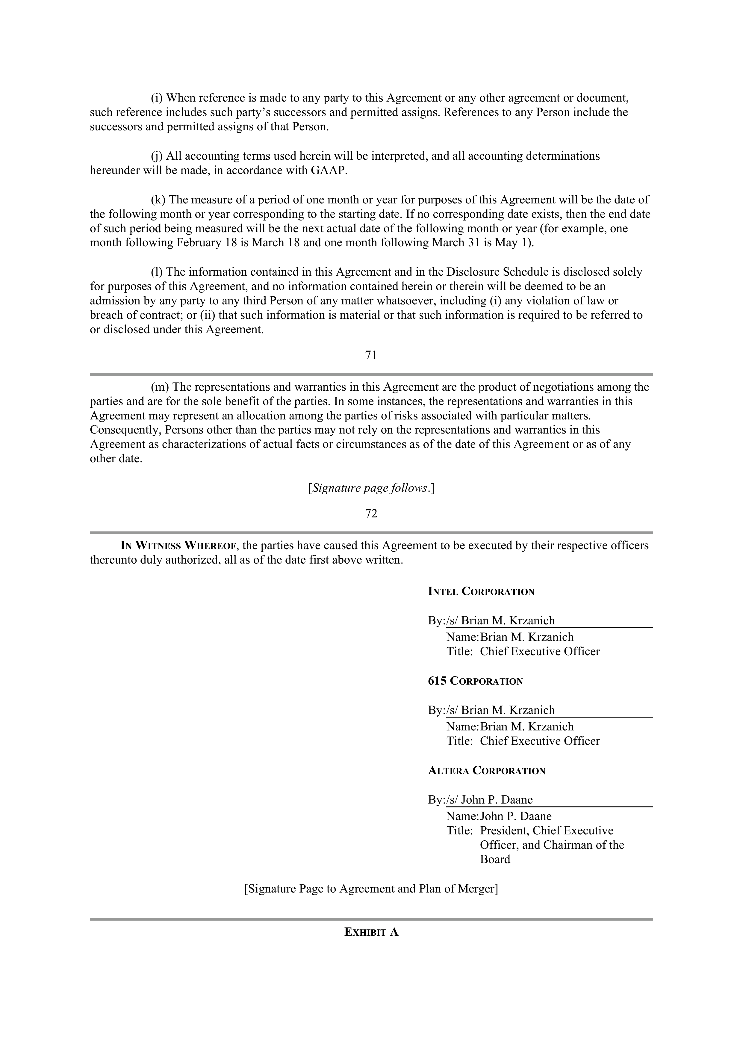 INTEL AGREEMENT AND PLAN OF MERGER — page 55