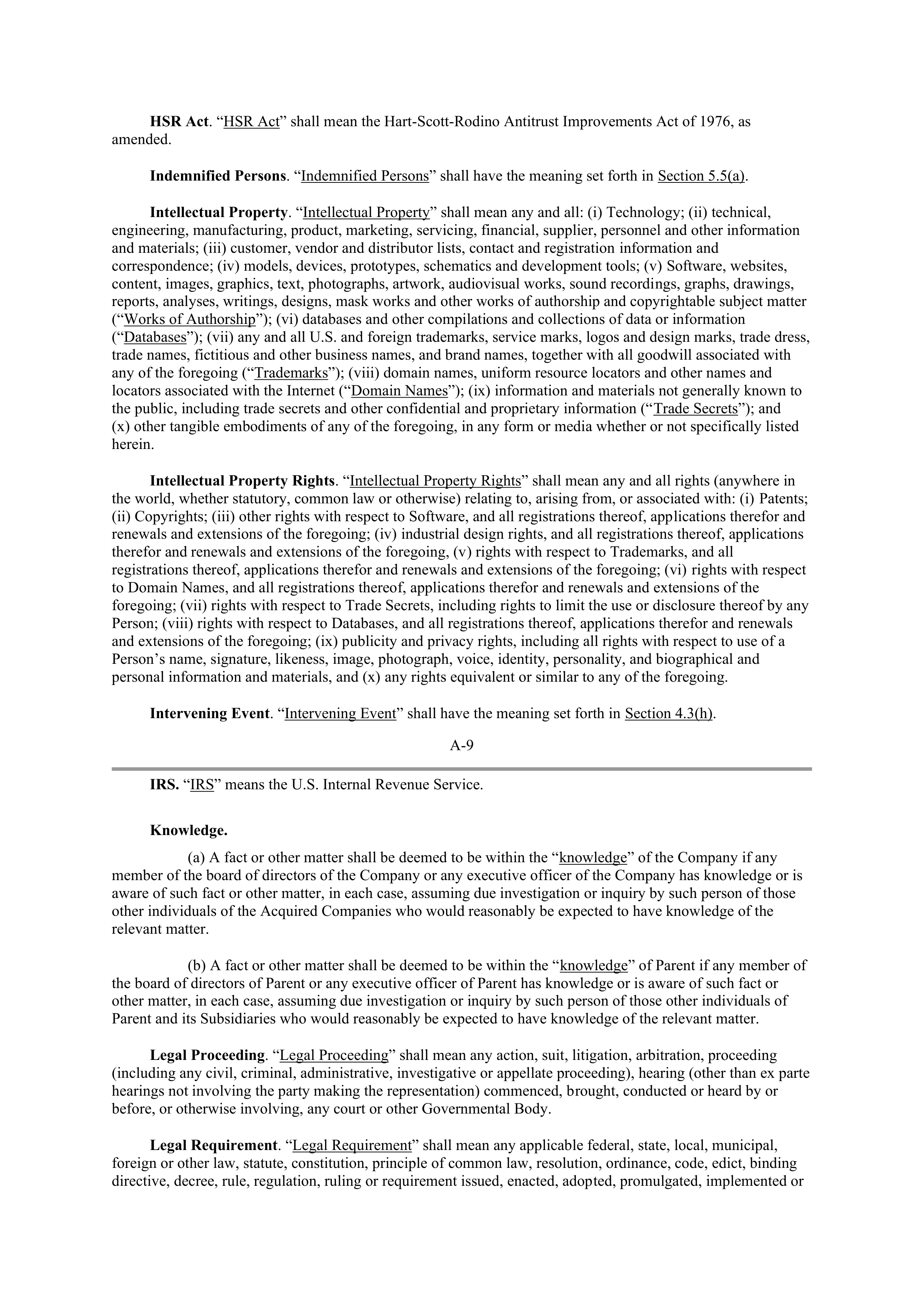INTEL AGREEMENT AND PLAN OF MERGER — page 62