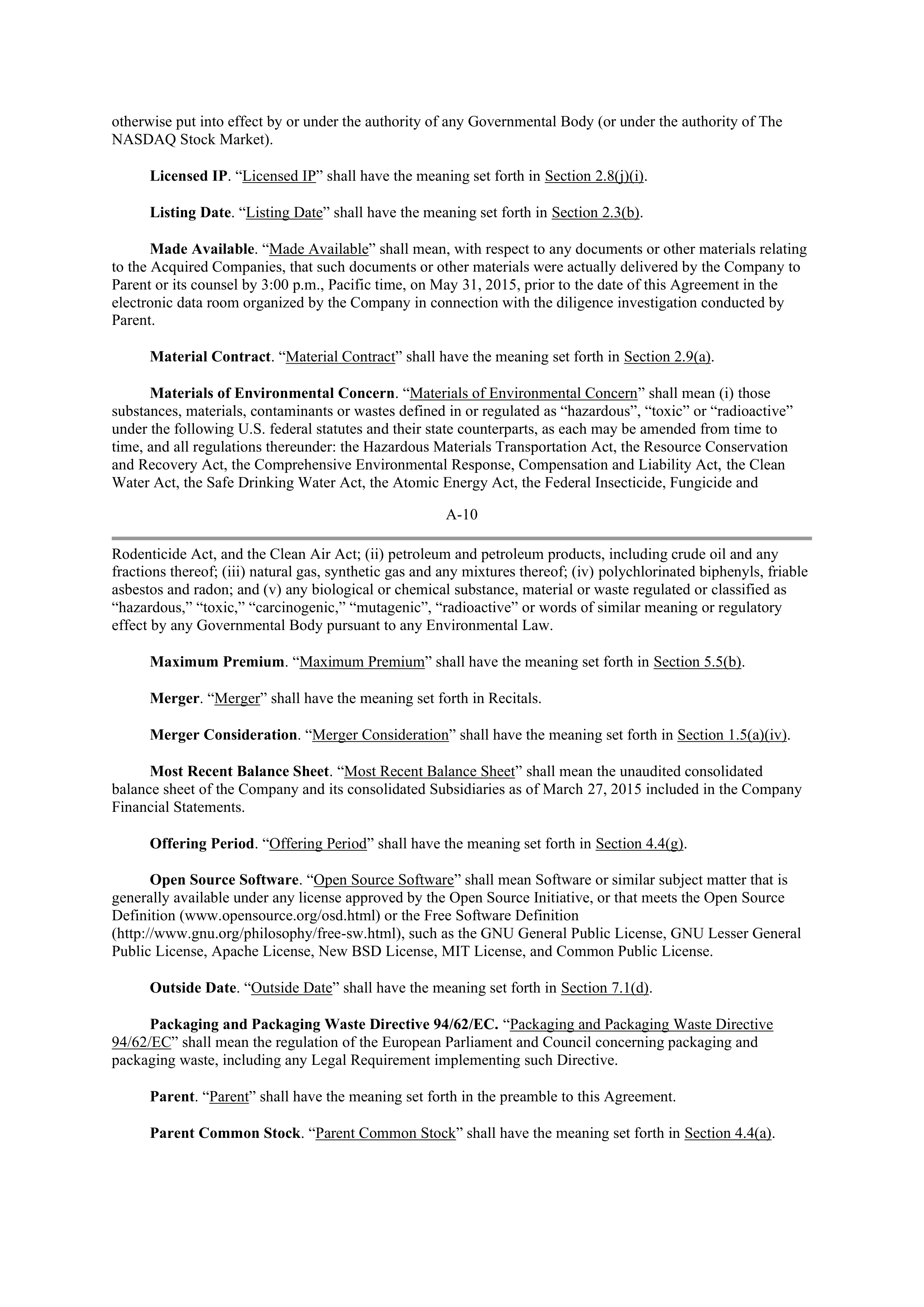 INTEL AGREEMENT AND PLAN OF MERGER — page 63