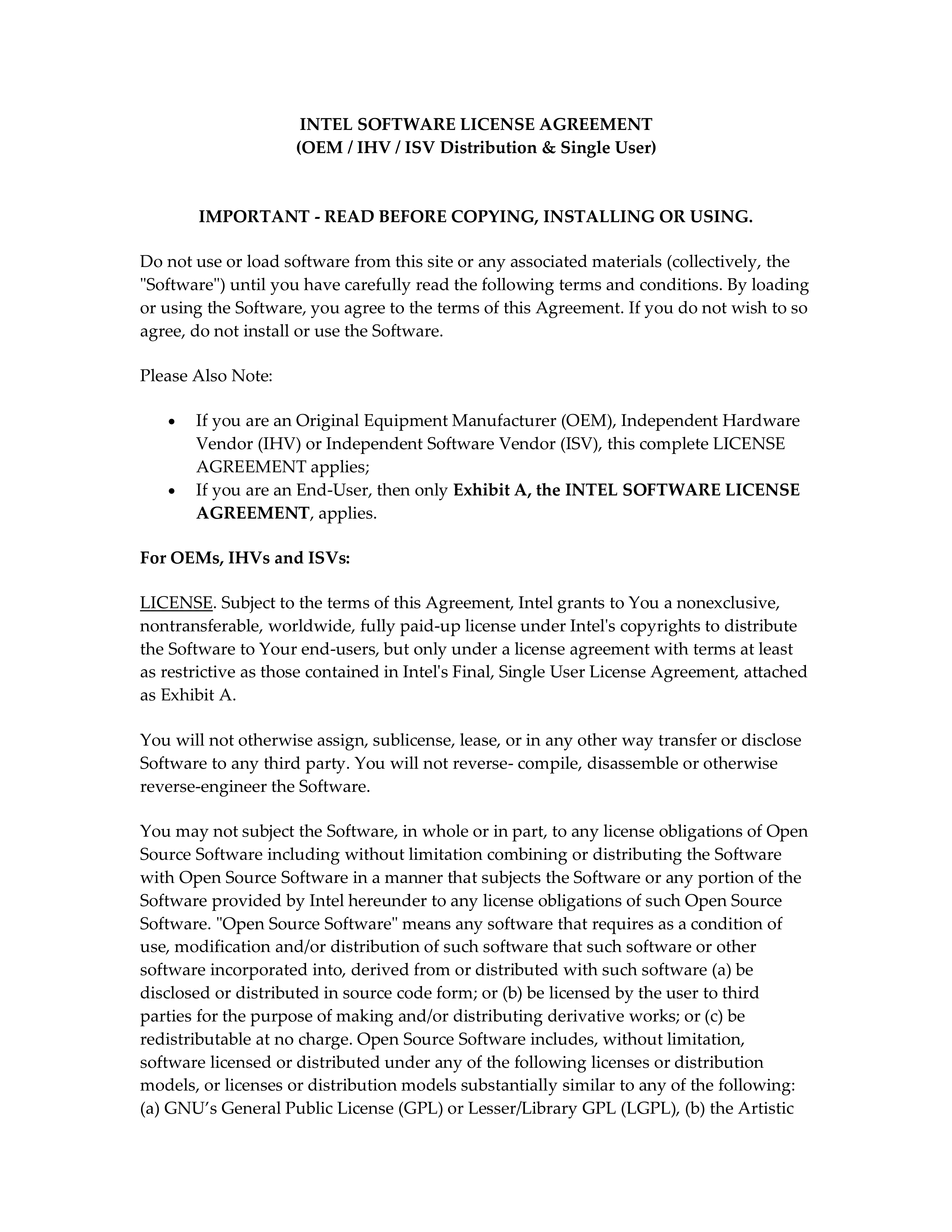 INTEL SOFTWARE LICENSE AGREEMENT — page 1