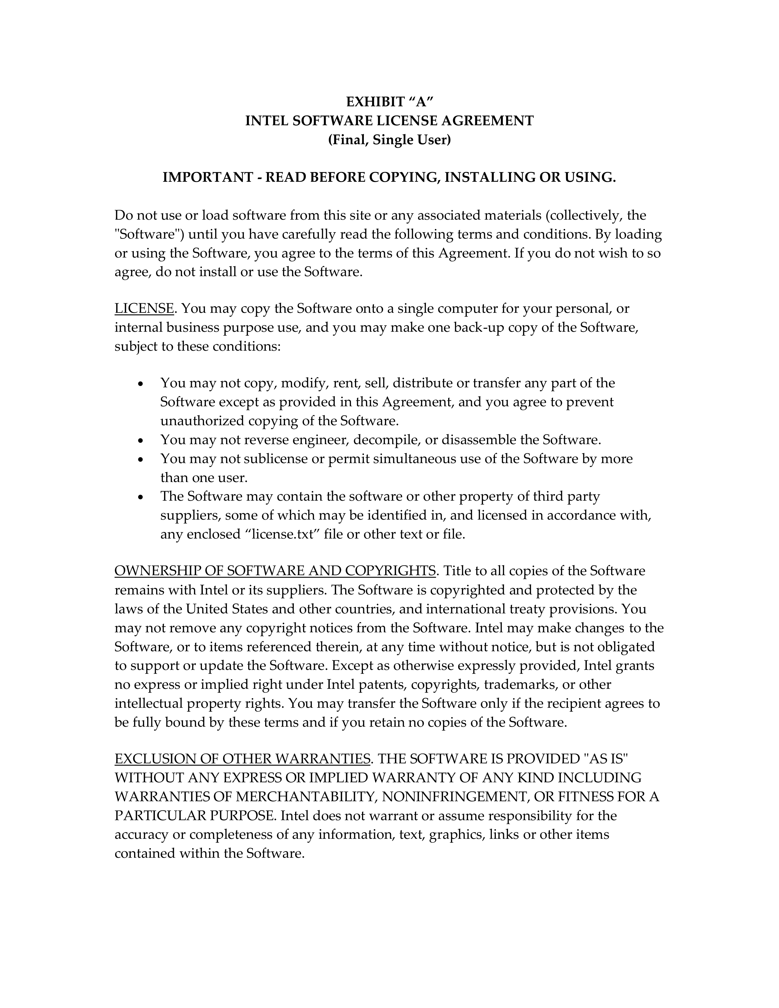 INTEL SOFTWARE LICENSE AGREEMENT — page 6