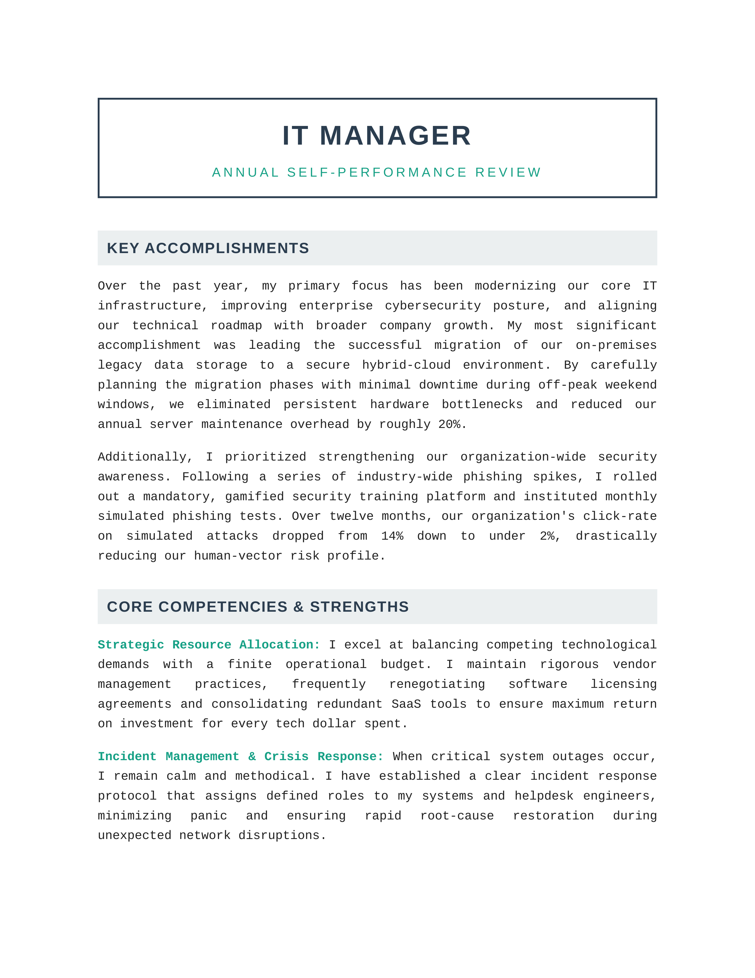 IT Manager Self Performance Review — page 1
