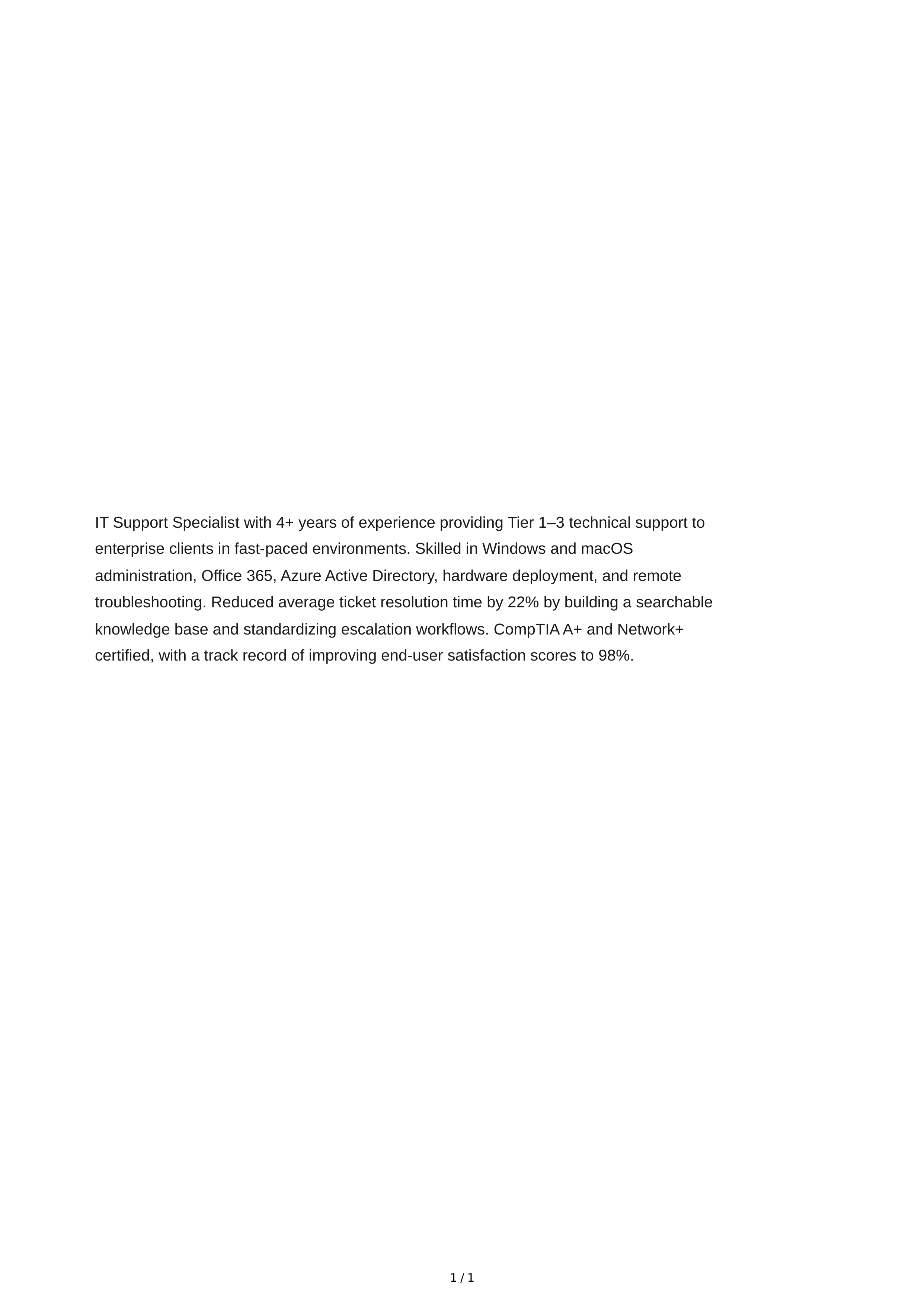 IT Support Specialist Resume Summary — page 1