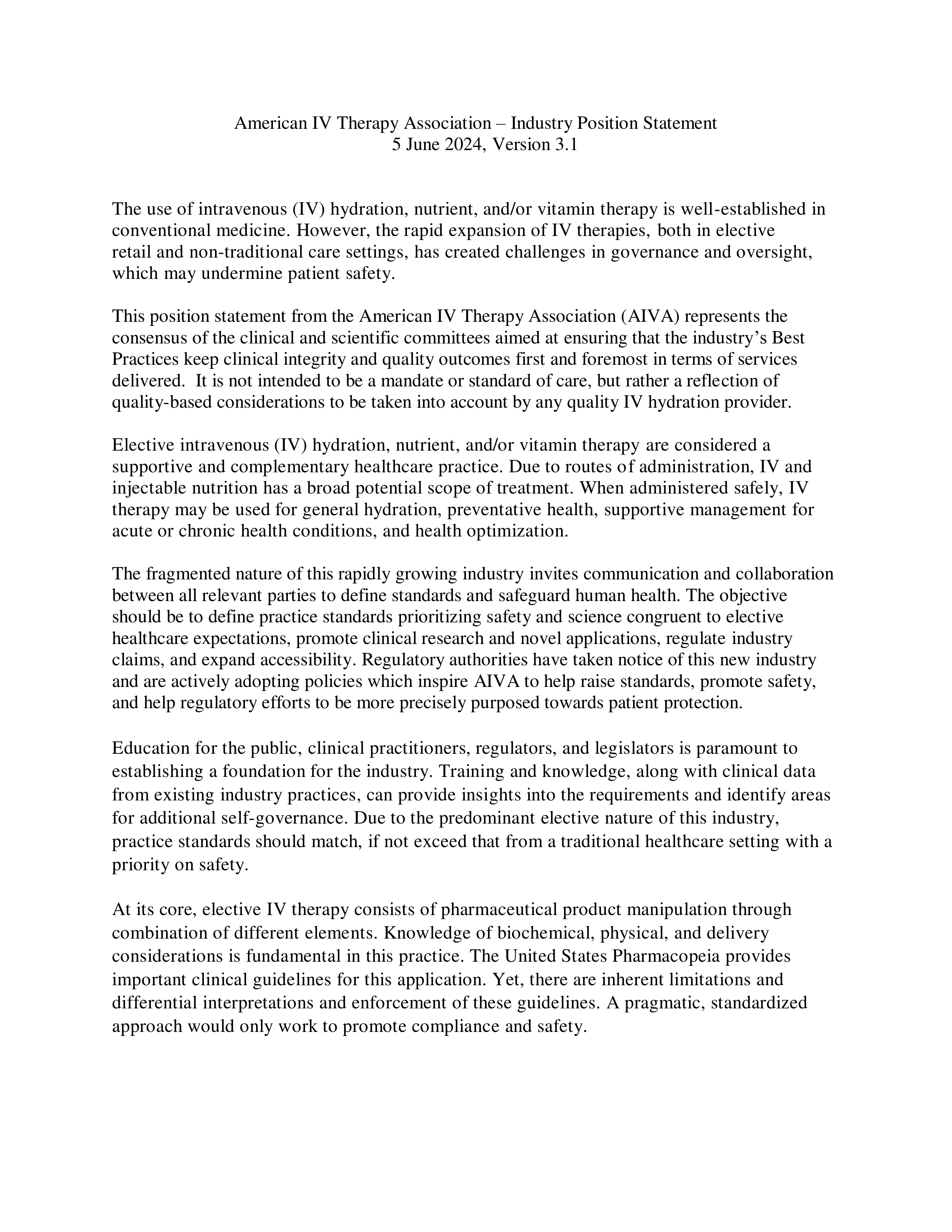IV Therapy Position Statement — page 1