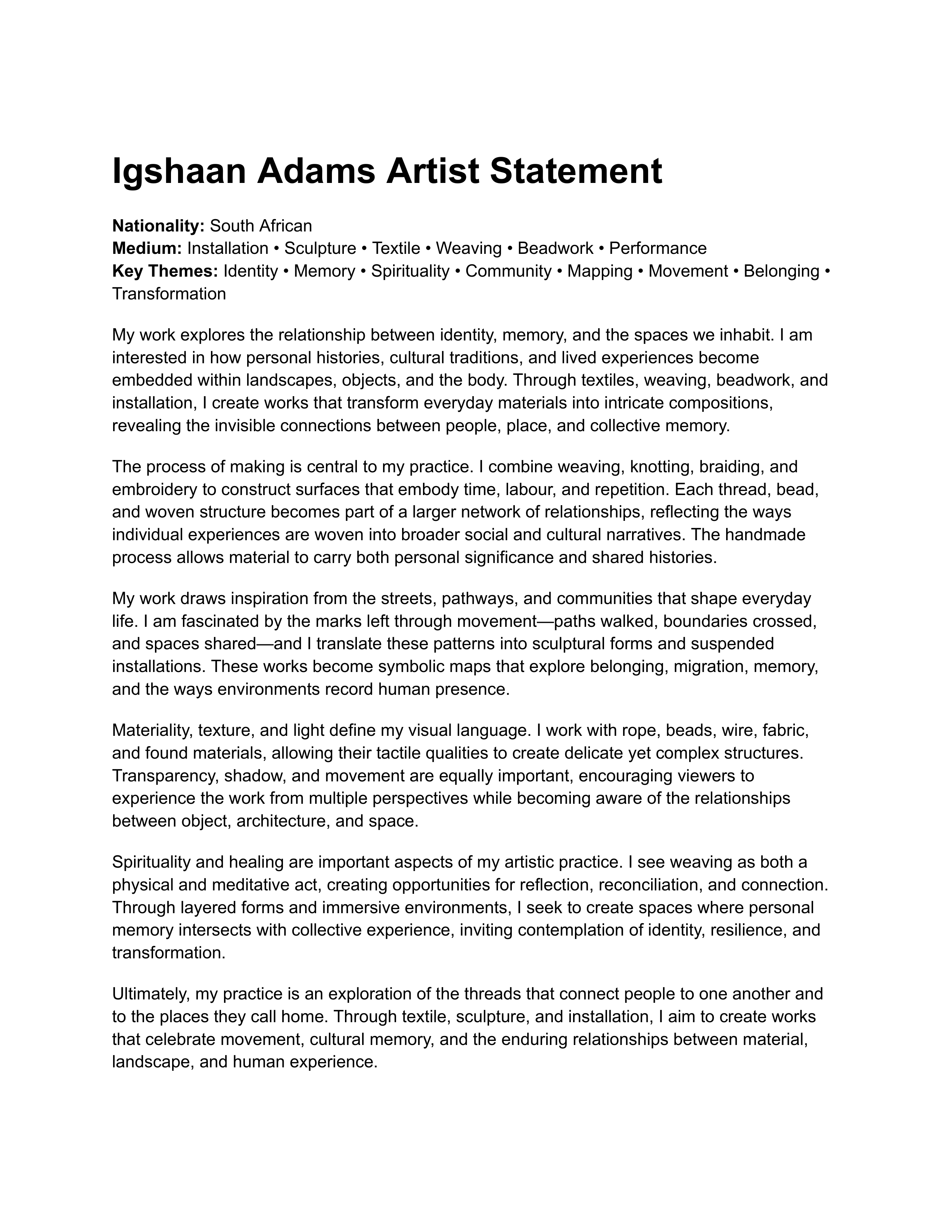 Igshaan Adams Artist Statement — page 1