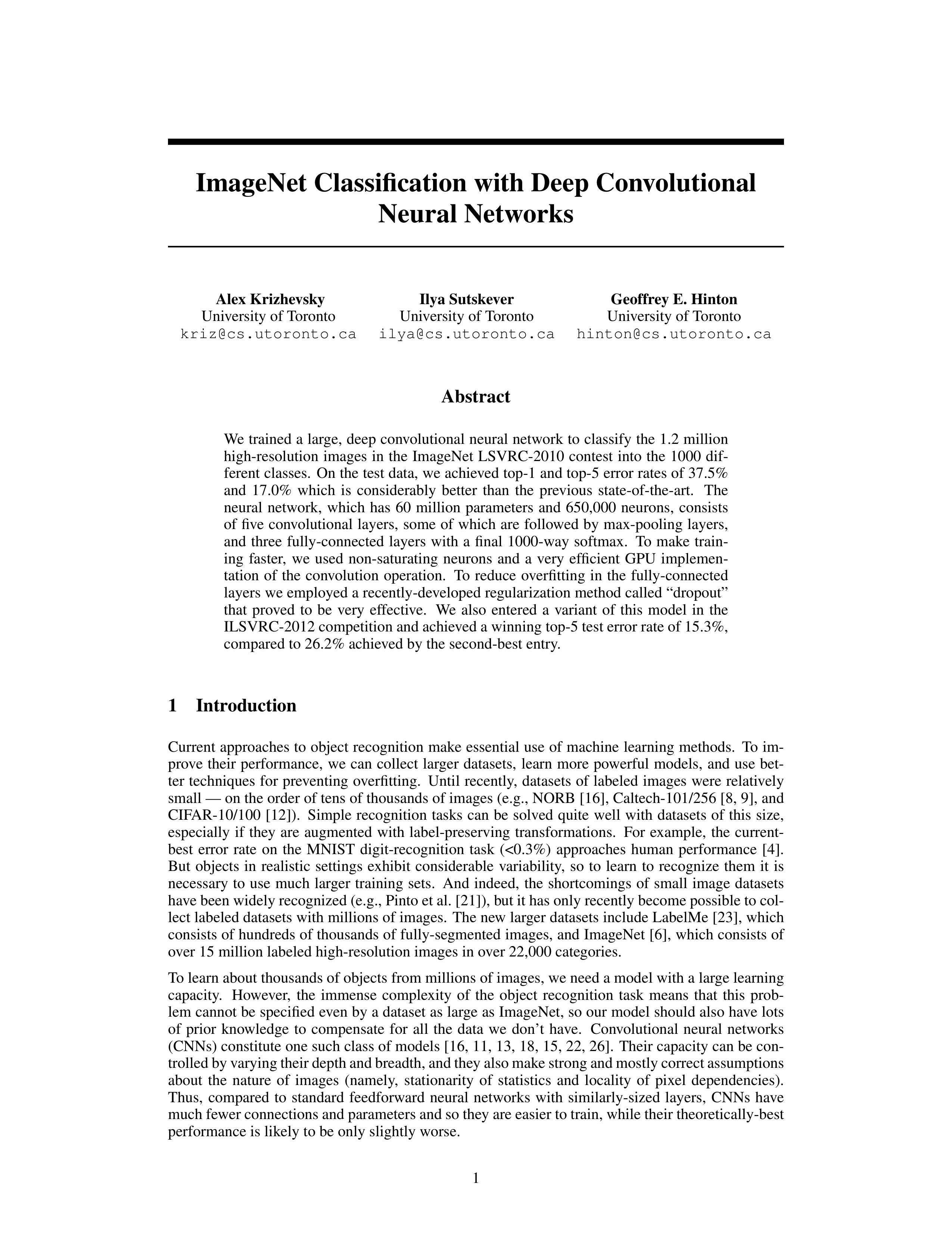 ImageNet Deep Learning Research Paper by University of Toronto — page 1