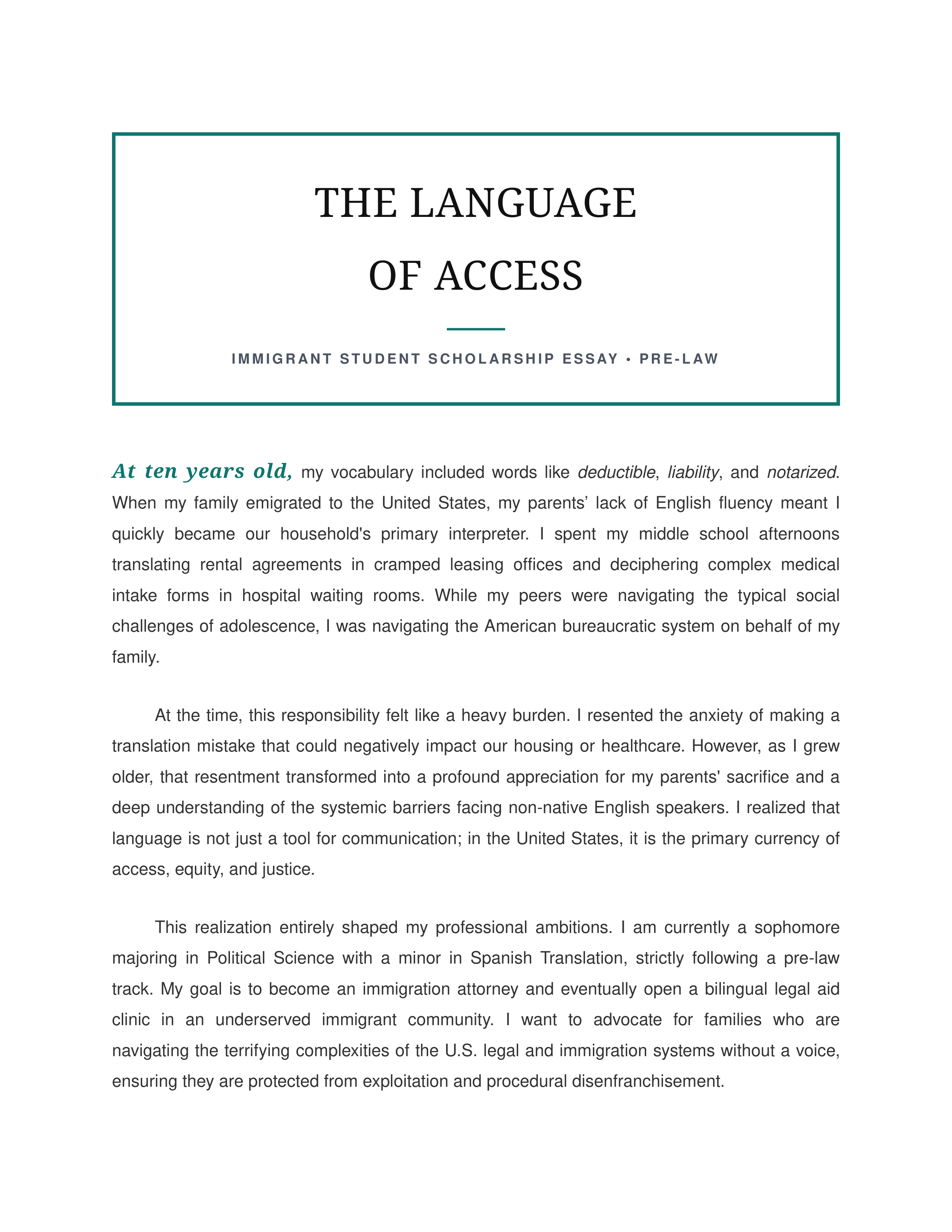 Immigrant Student Scholarship Essay — page 1