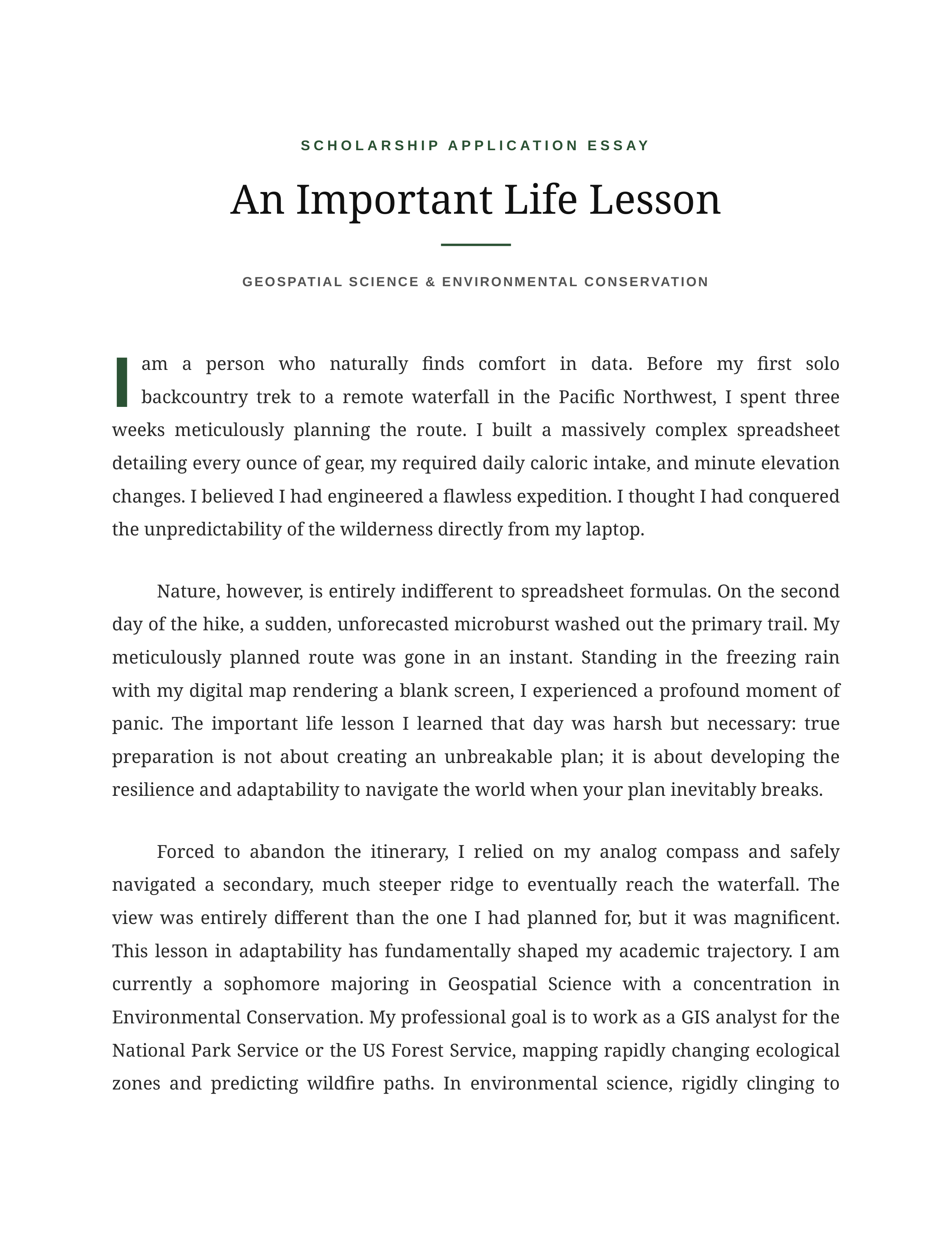 Important Life Lesson Scholarship Essay — page 1