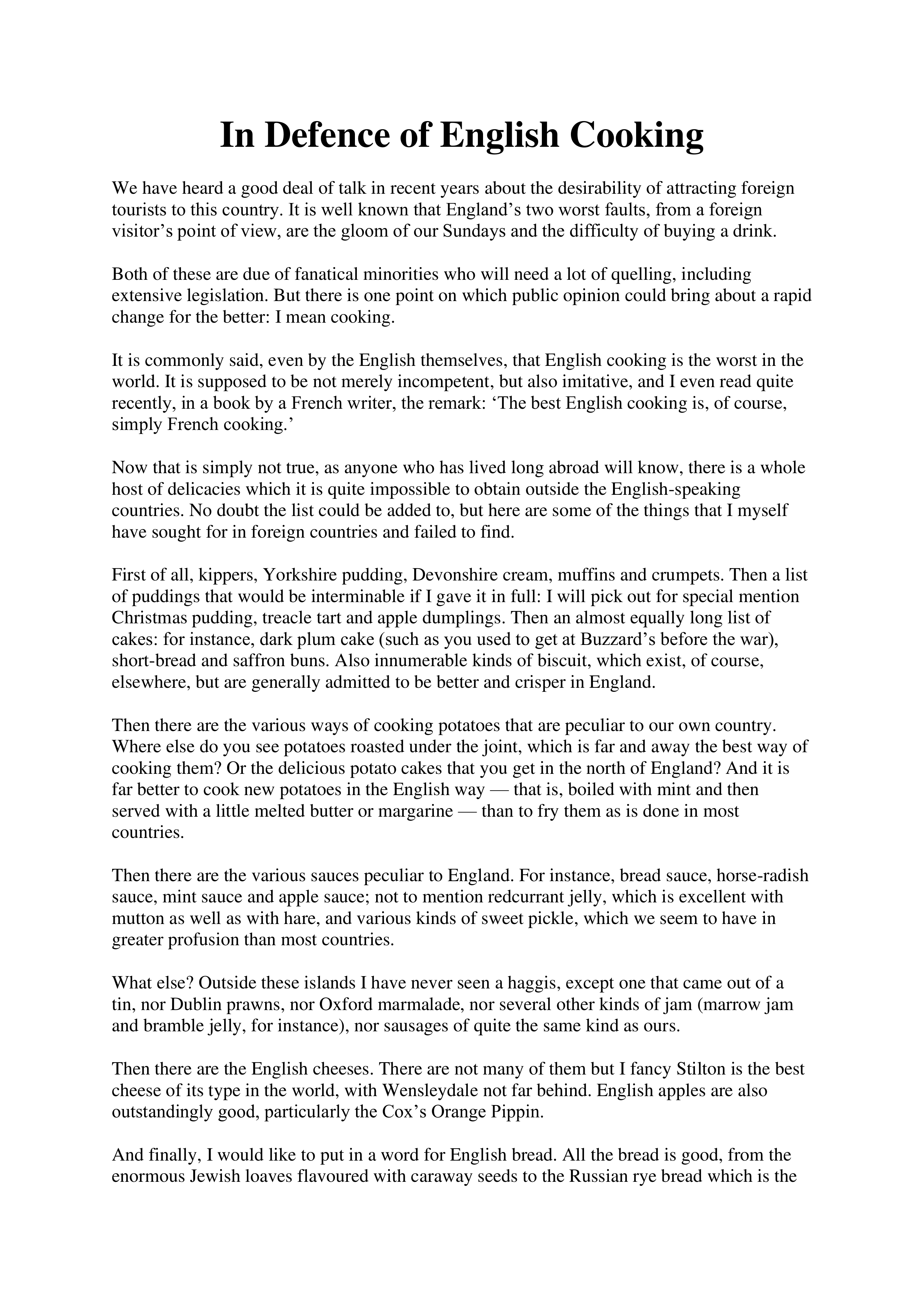 In Defence of English Cooking Essay — page 1