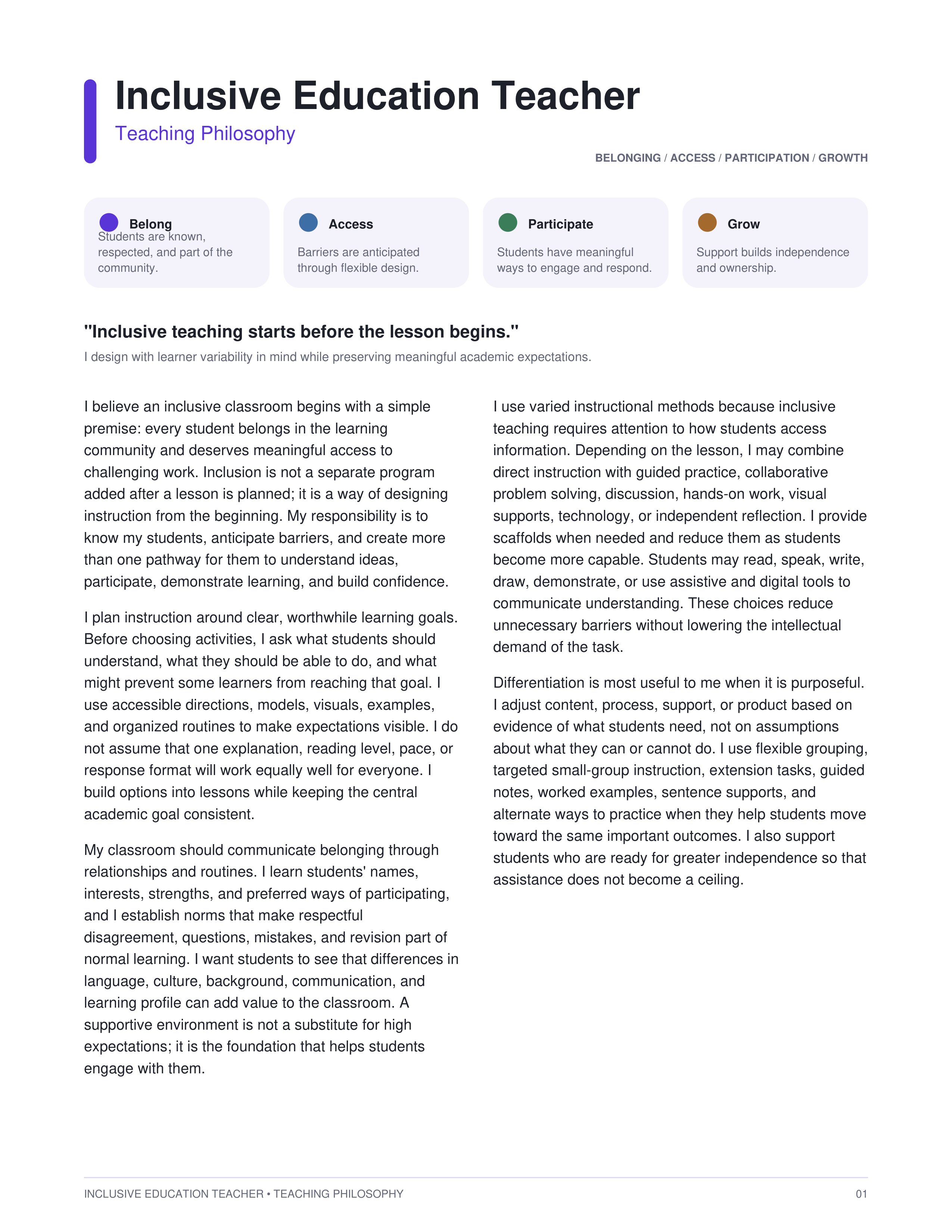 Inclusive Education Teacher Teaching Philosophy — page 1