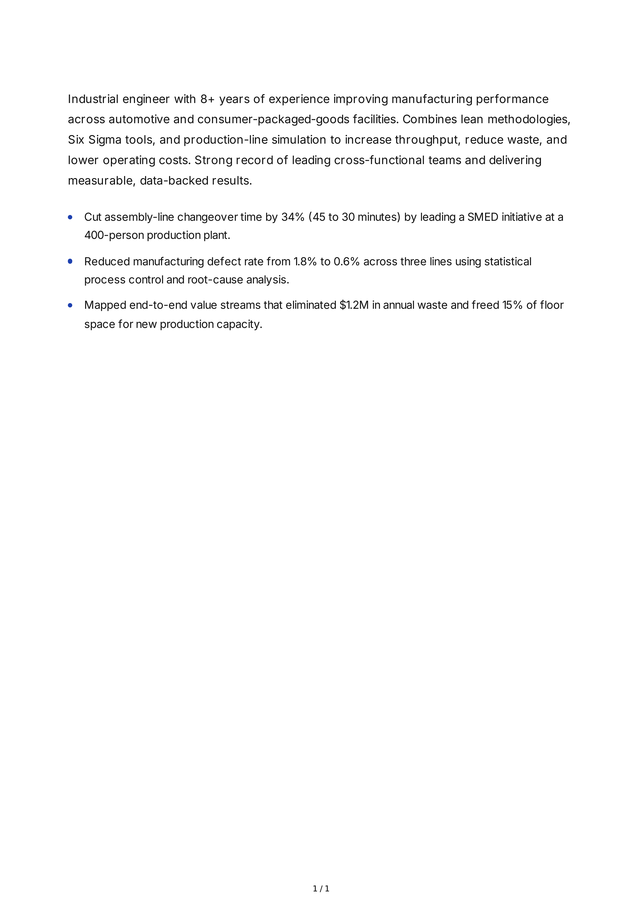 Industrial Engineer Resume Summary — page 1
