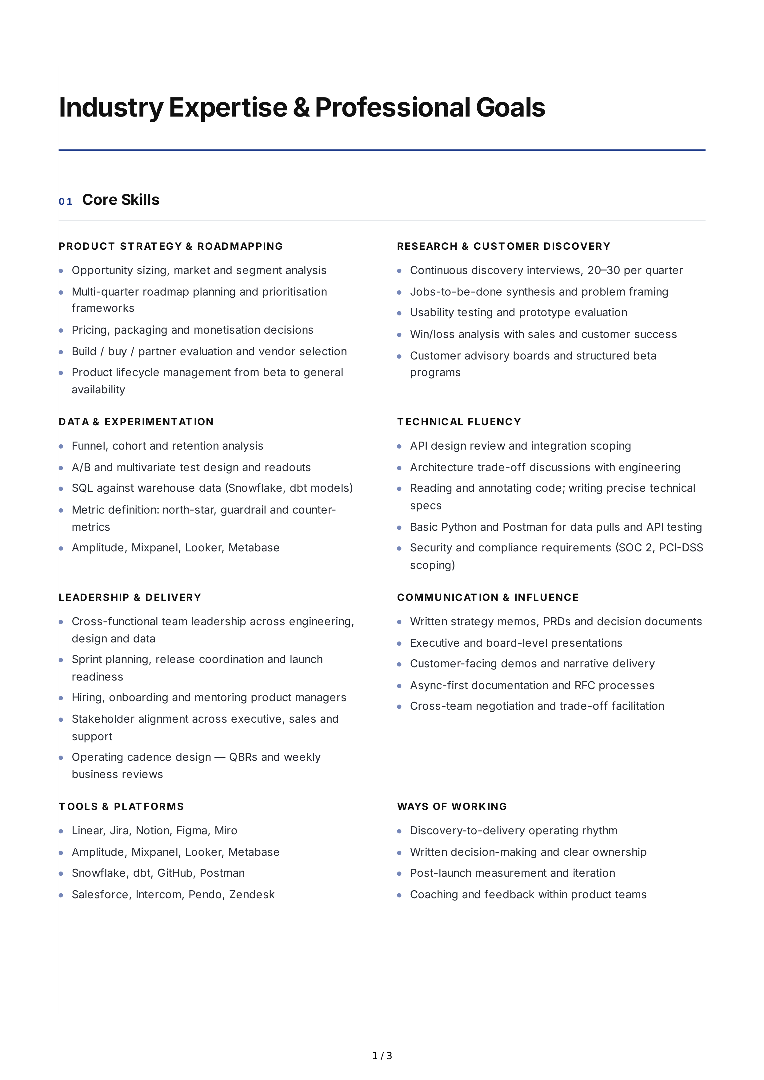 Industry Expertise Professional Goals — page 1