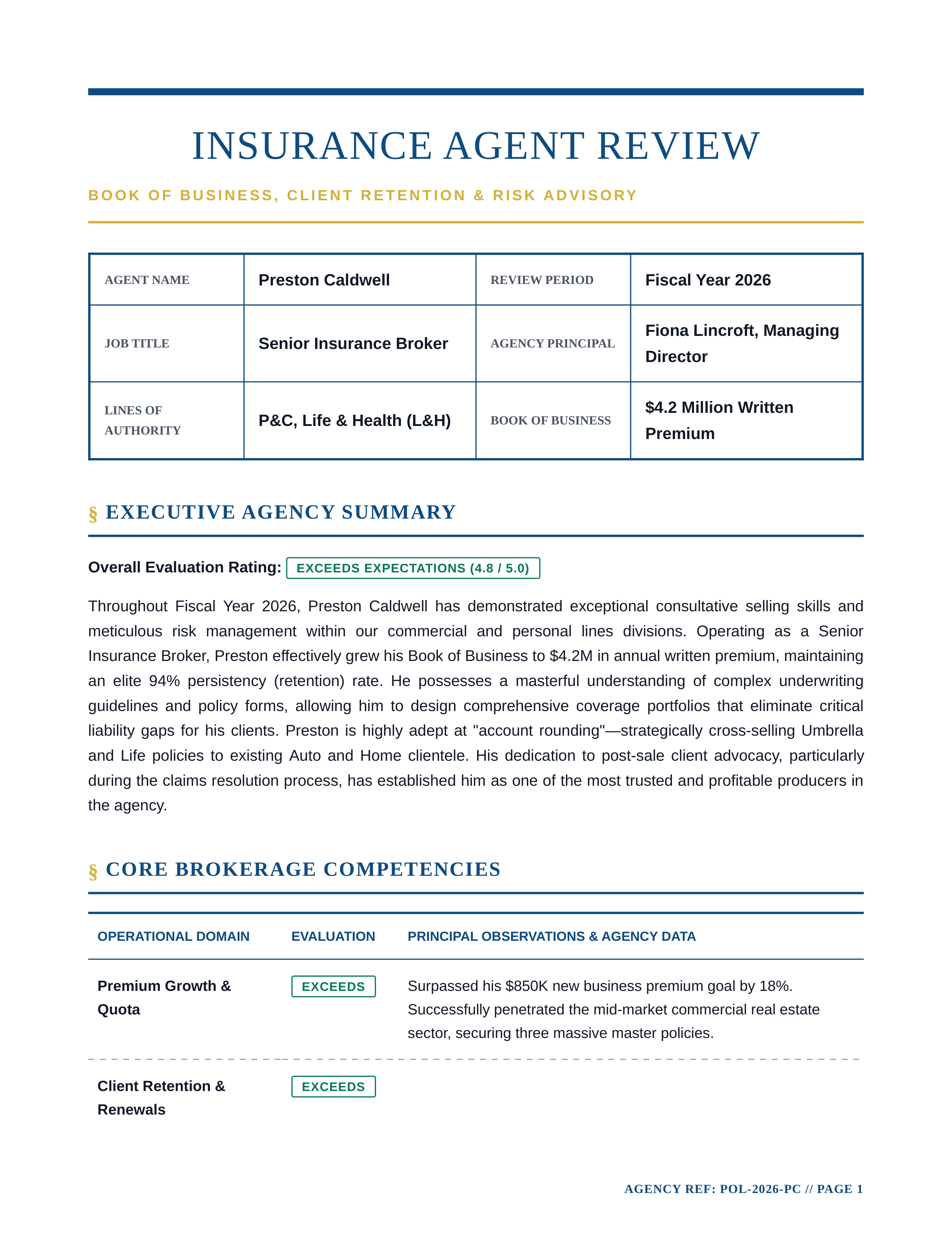 Insurance Agent Performance Review — page 1