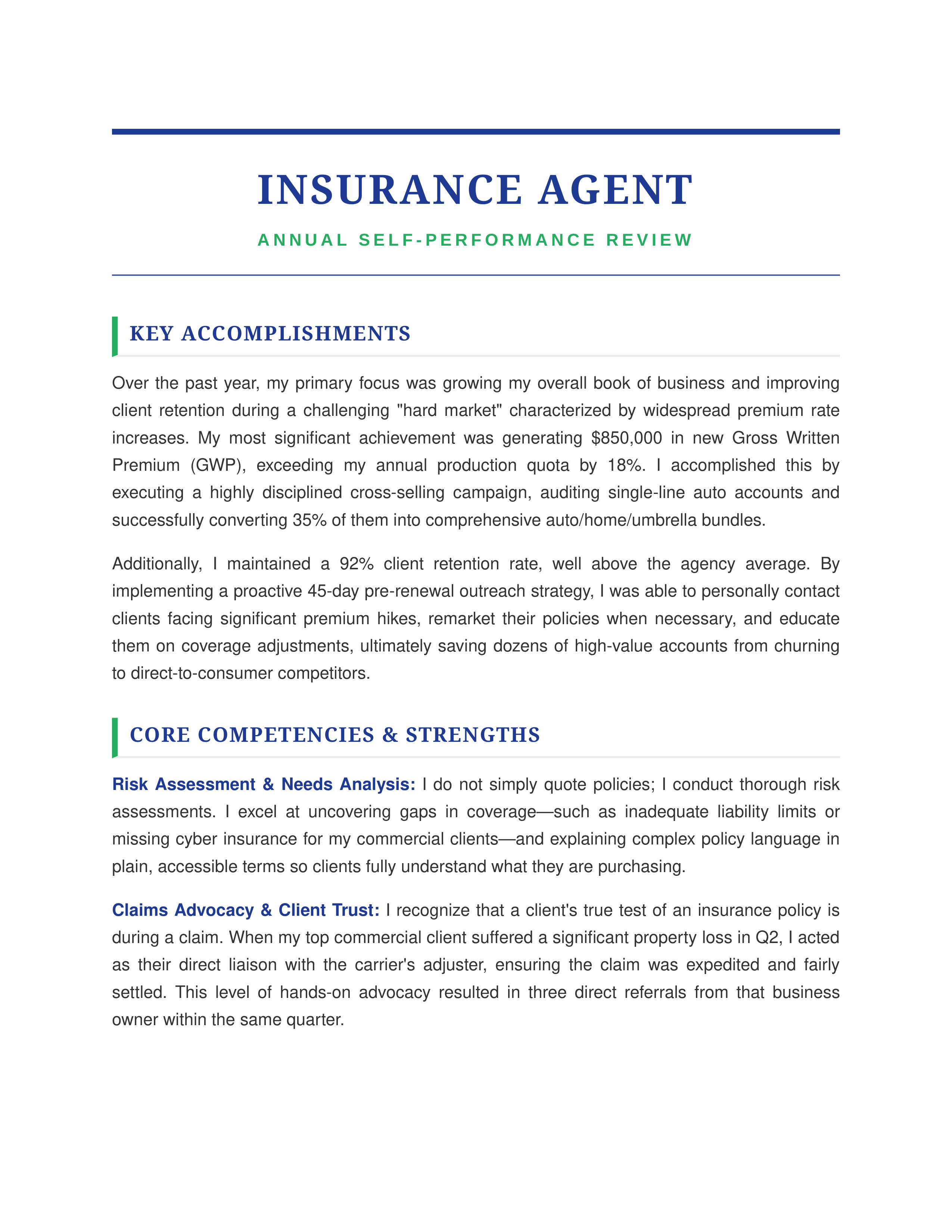 Insurance Agent Self Performance Review — page 1