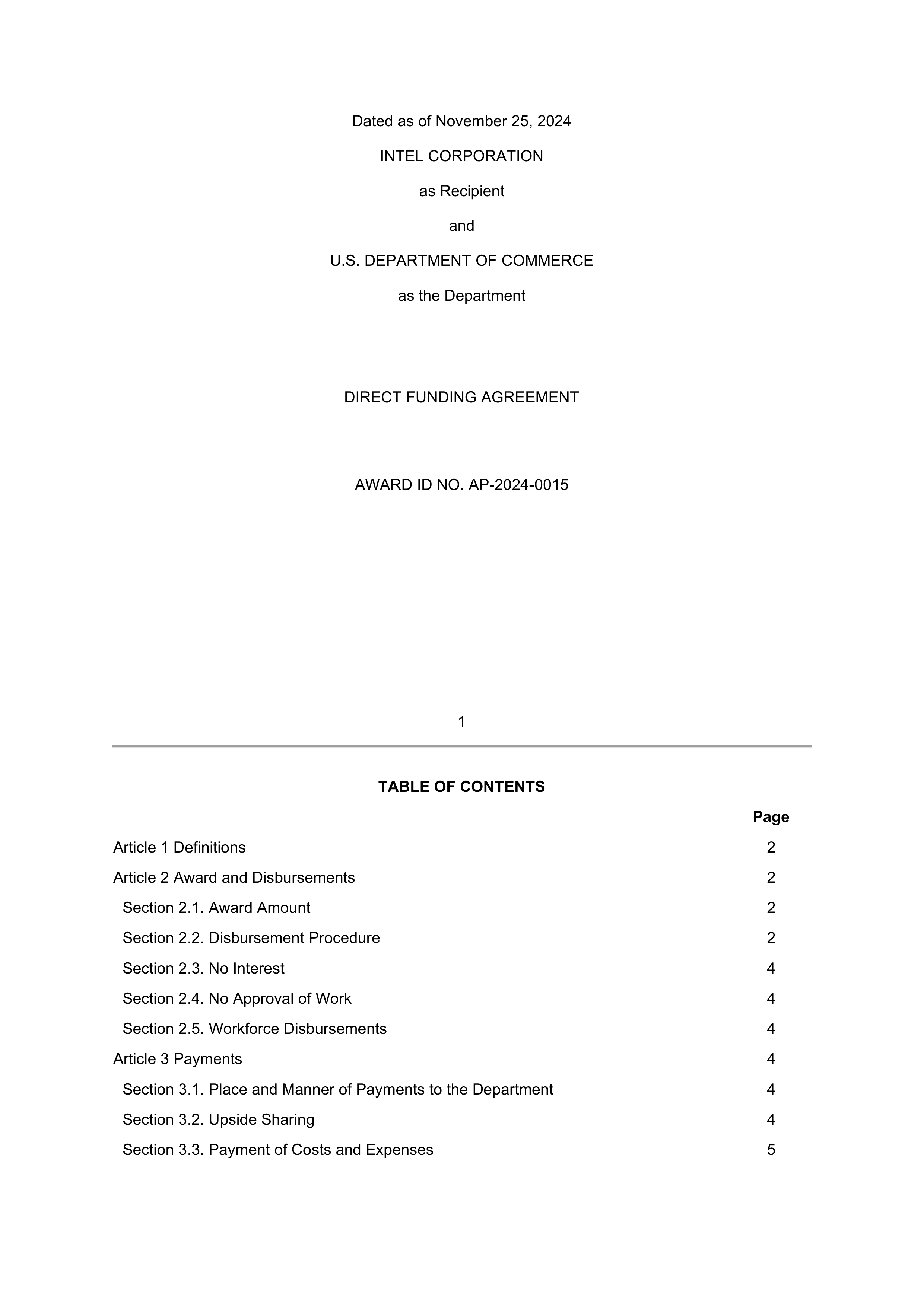 INTEL DIRECT FUNDING AGREEMENT — page 1