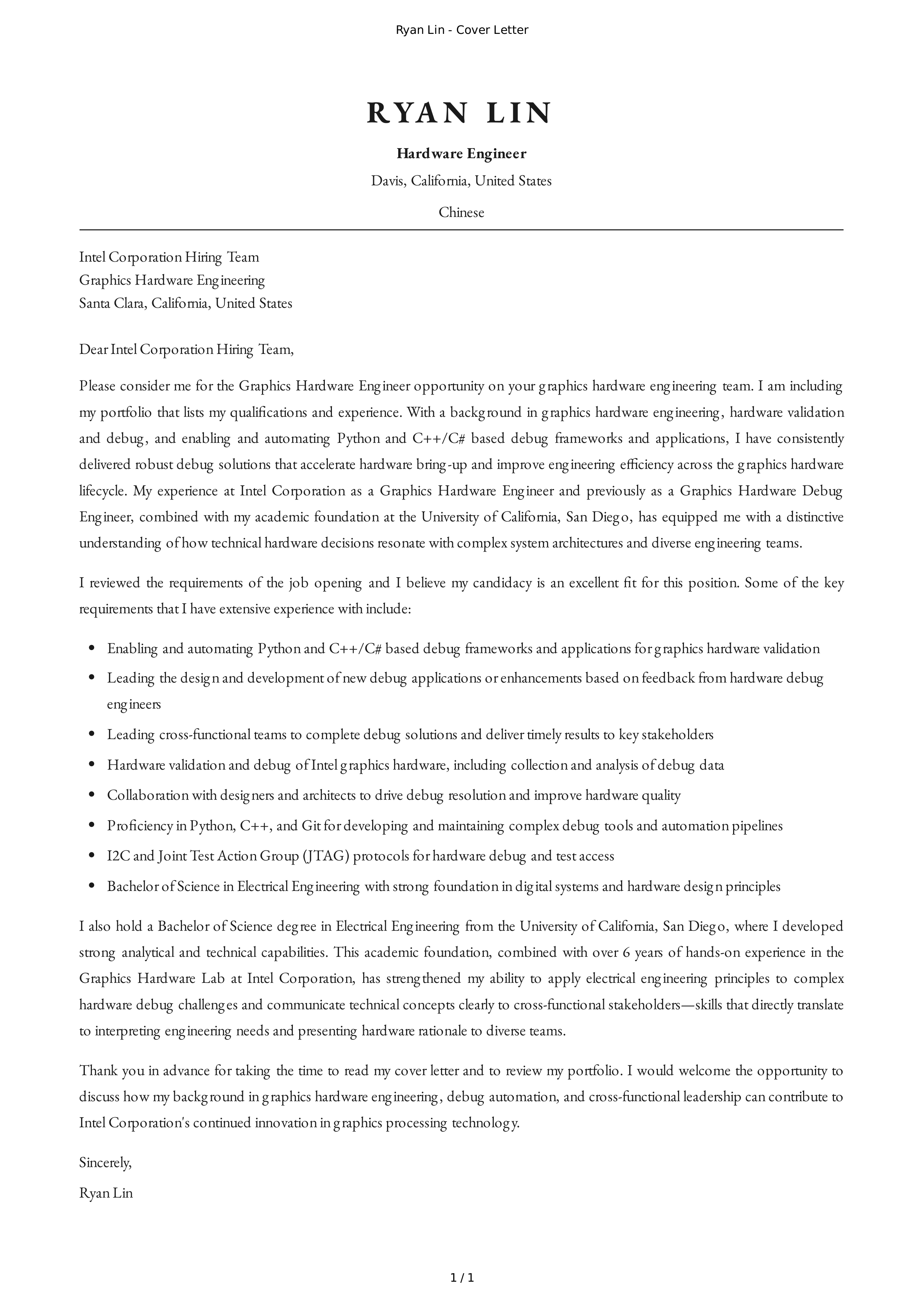 Intel Hardware Engineer Cover Letter — page 1