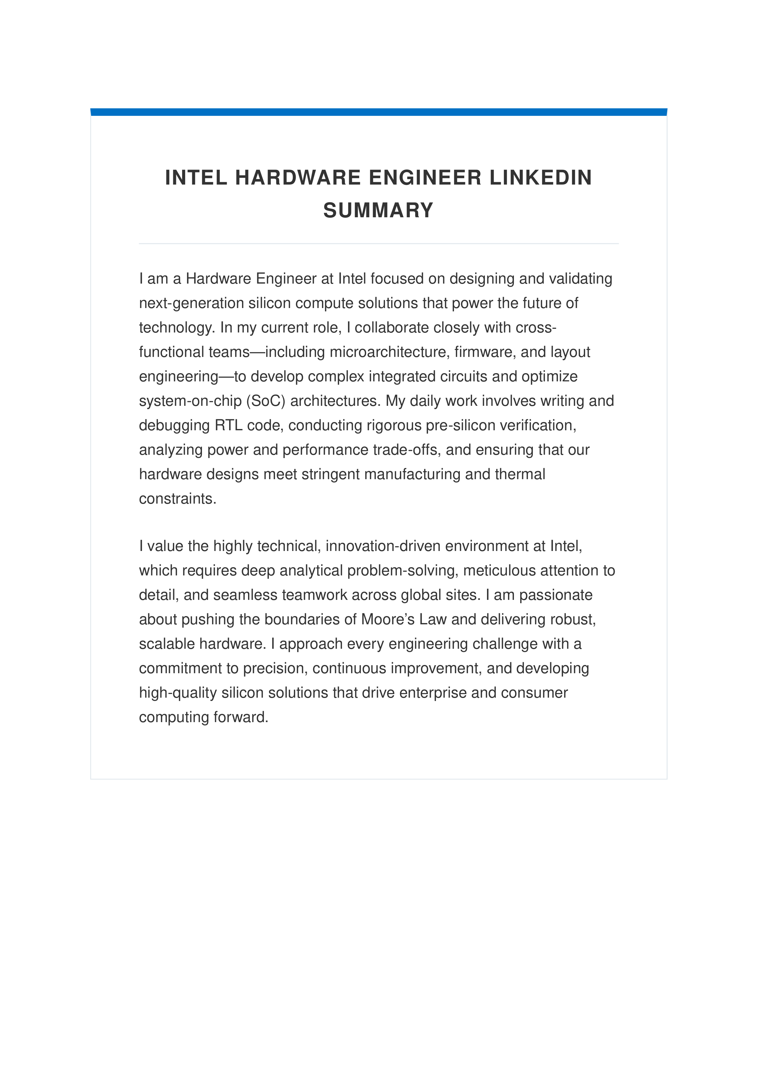 Intel Hardware Engineer LinkedIn Summary — page 1