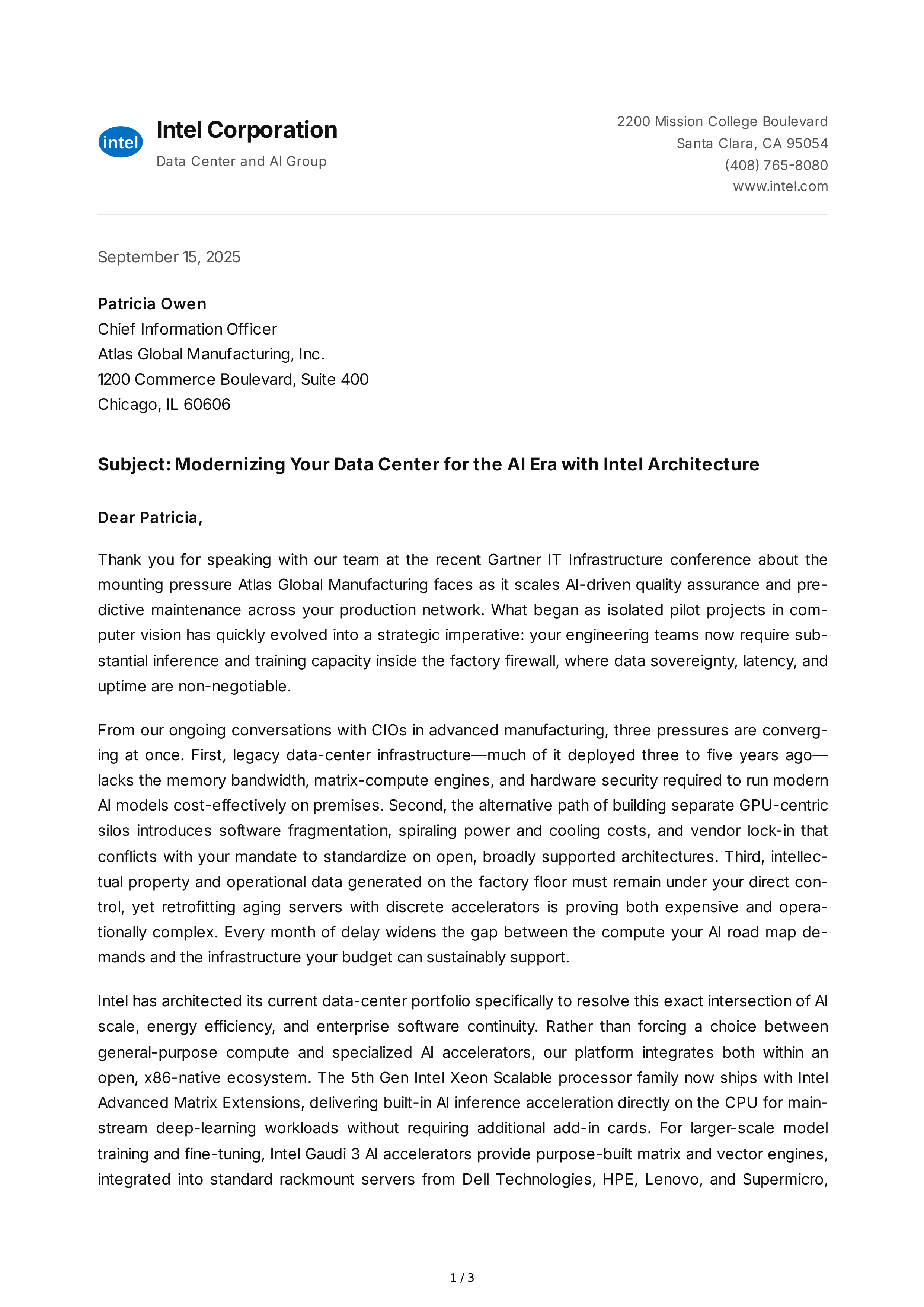 Intel Sales Letter — page 1