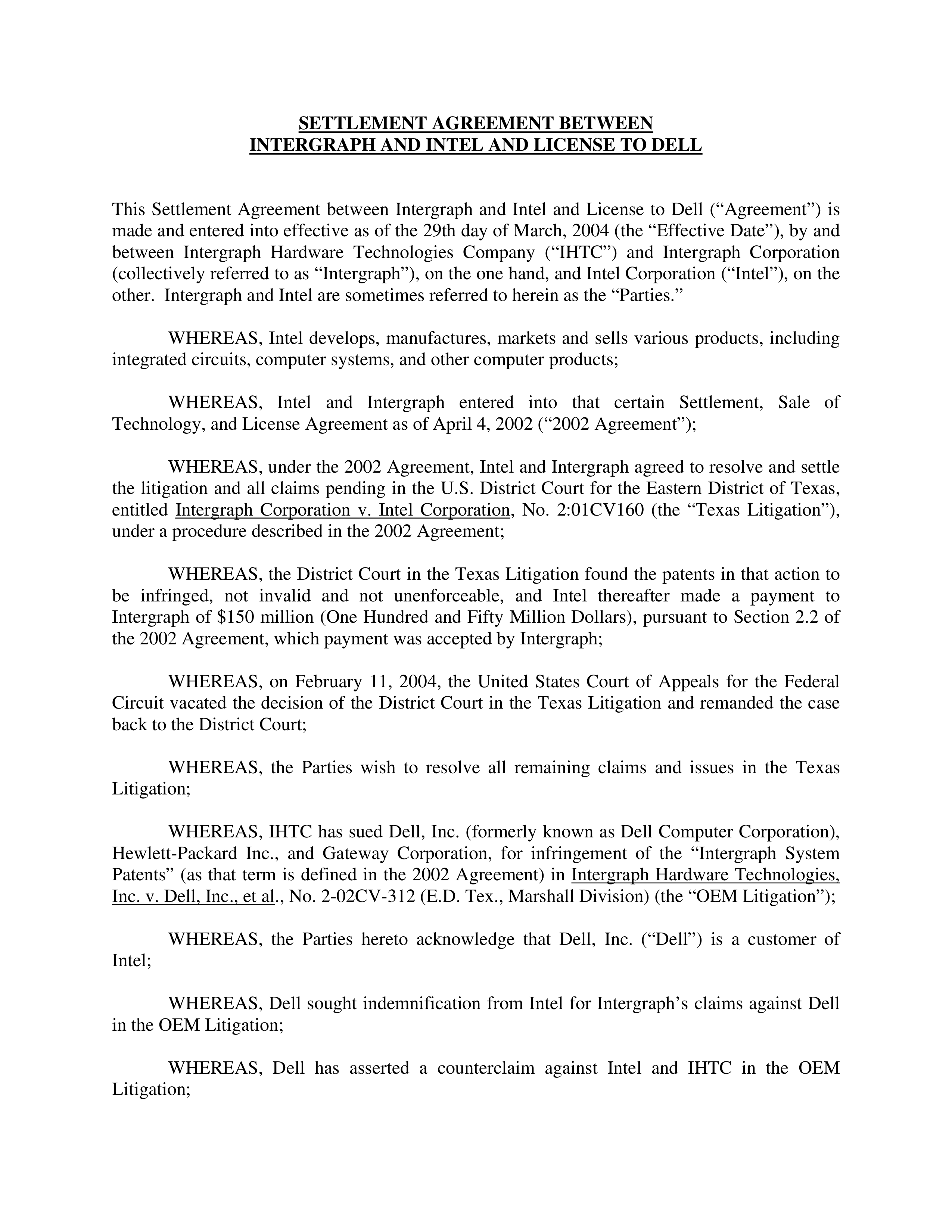 Intel Settlement Agreement — page 1