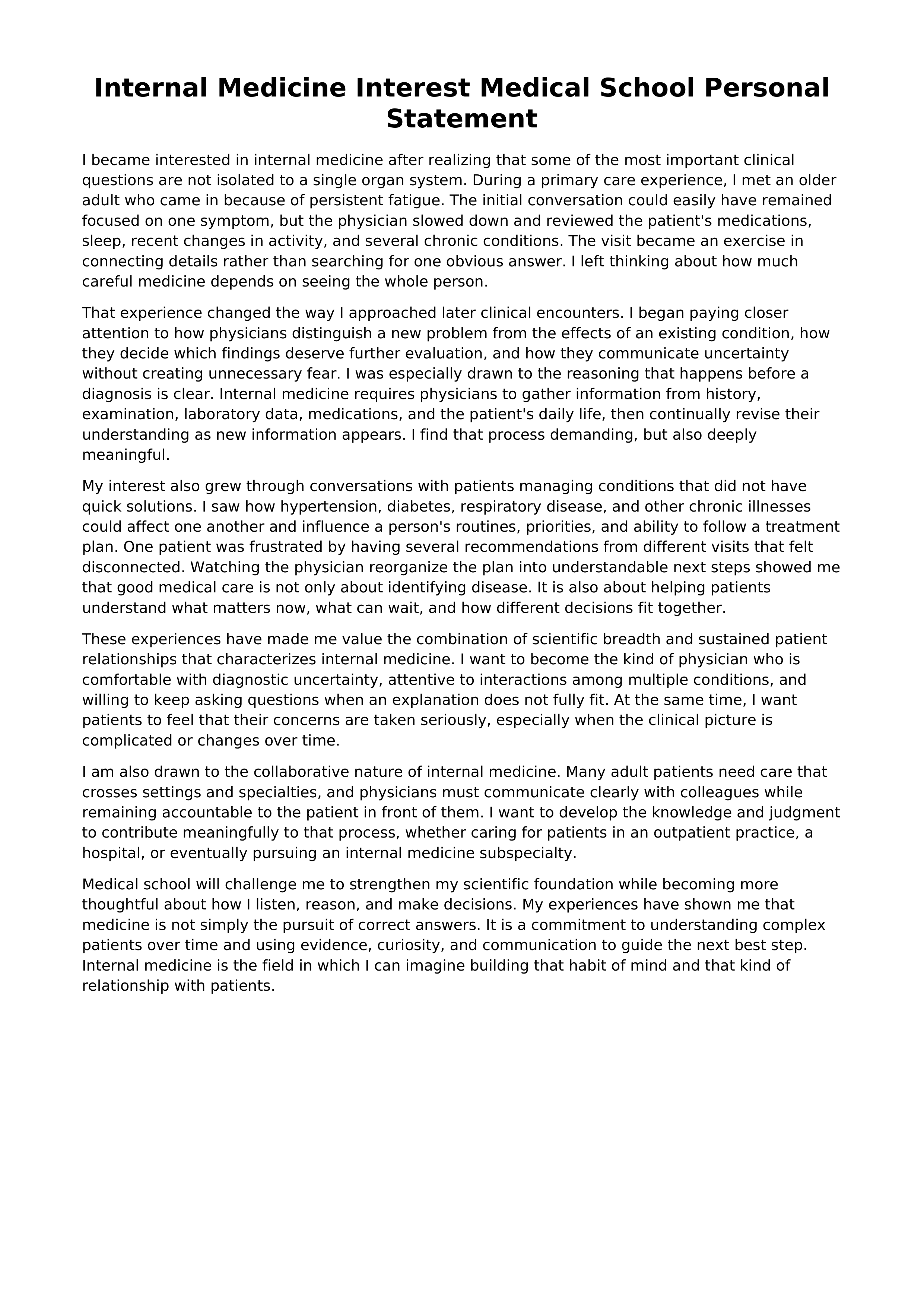 Internal Medicine Interest Medical School Personal Statement — page 1