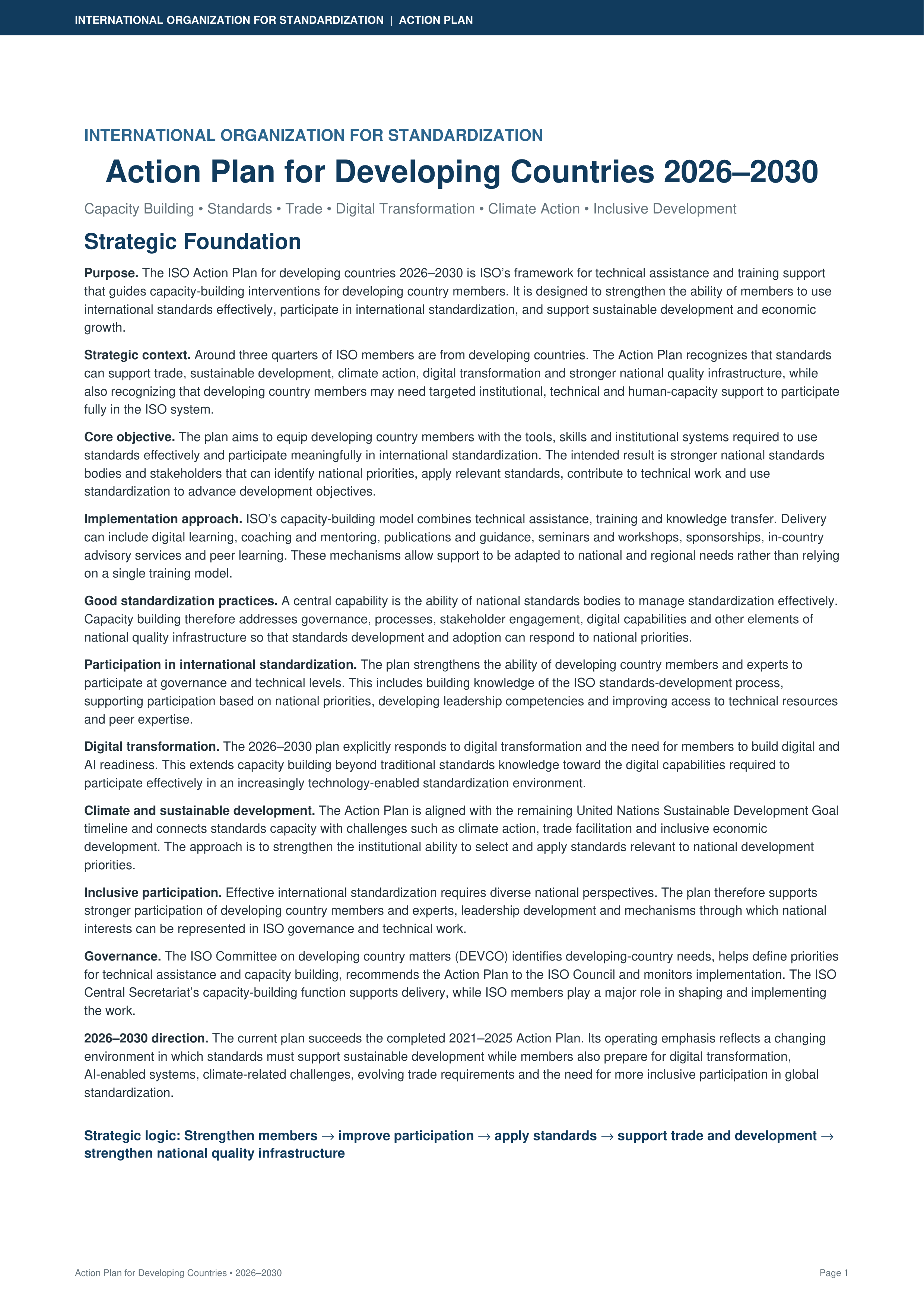 International Organization for Standardization Action Plan for Developing Countries — page 1