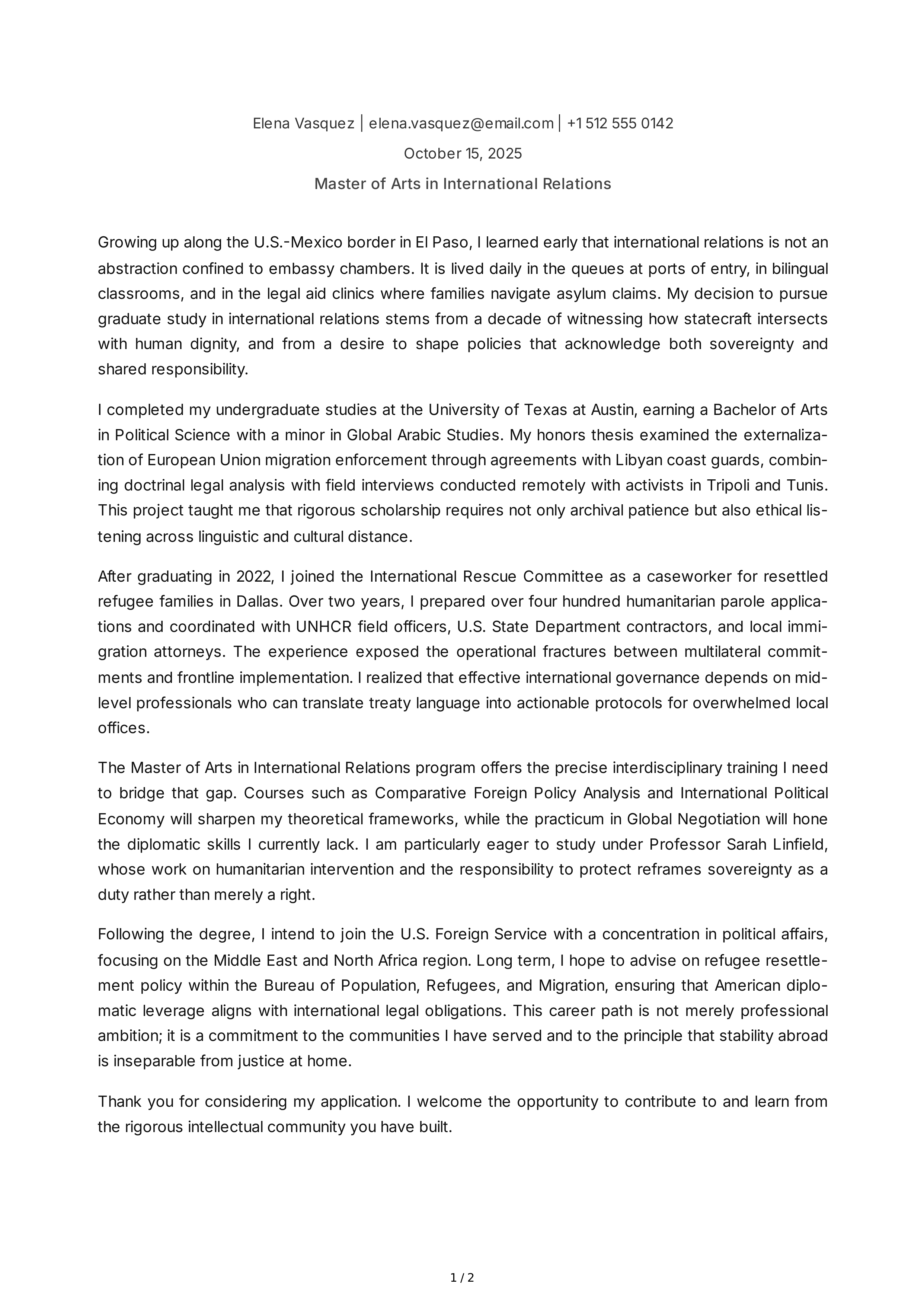 International Relations Personal Statement — page 1