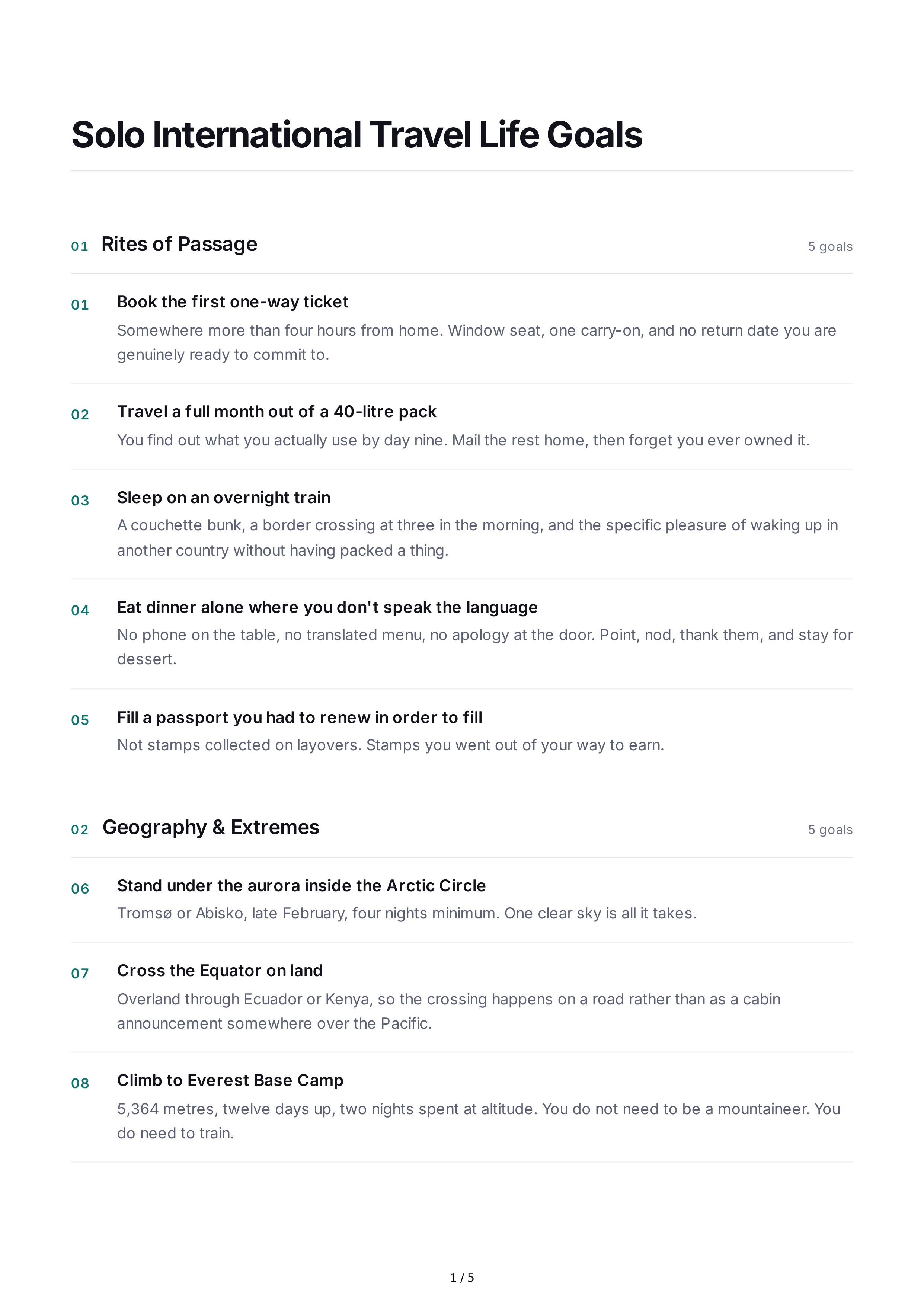 International Travel Life Goals — page 1