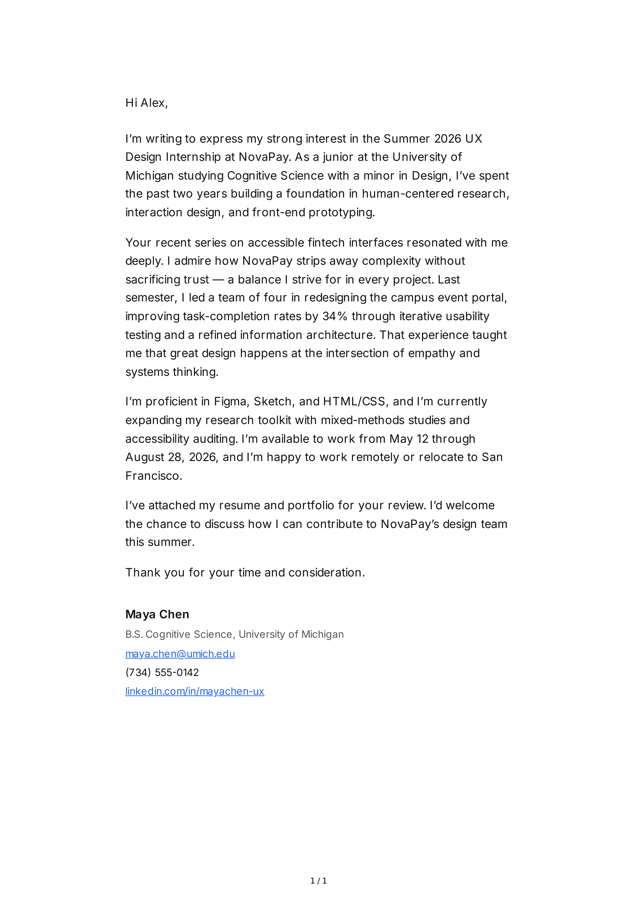 Internship Application Email — page 1