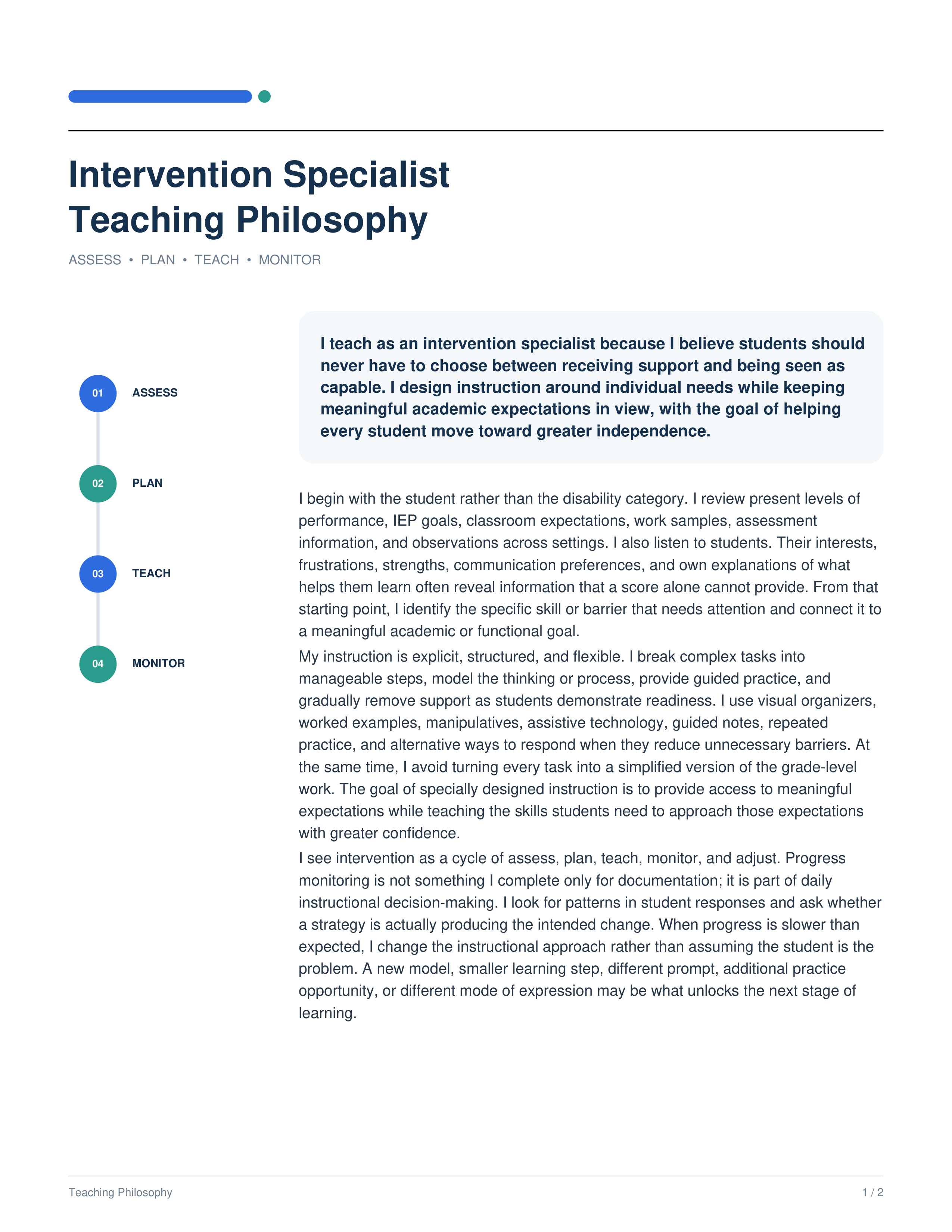 Intervention Specialist Teaching Philosophy — page 1