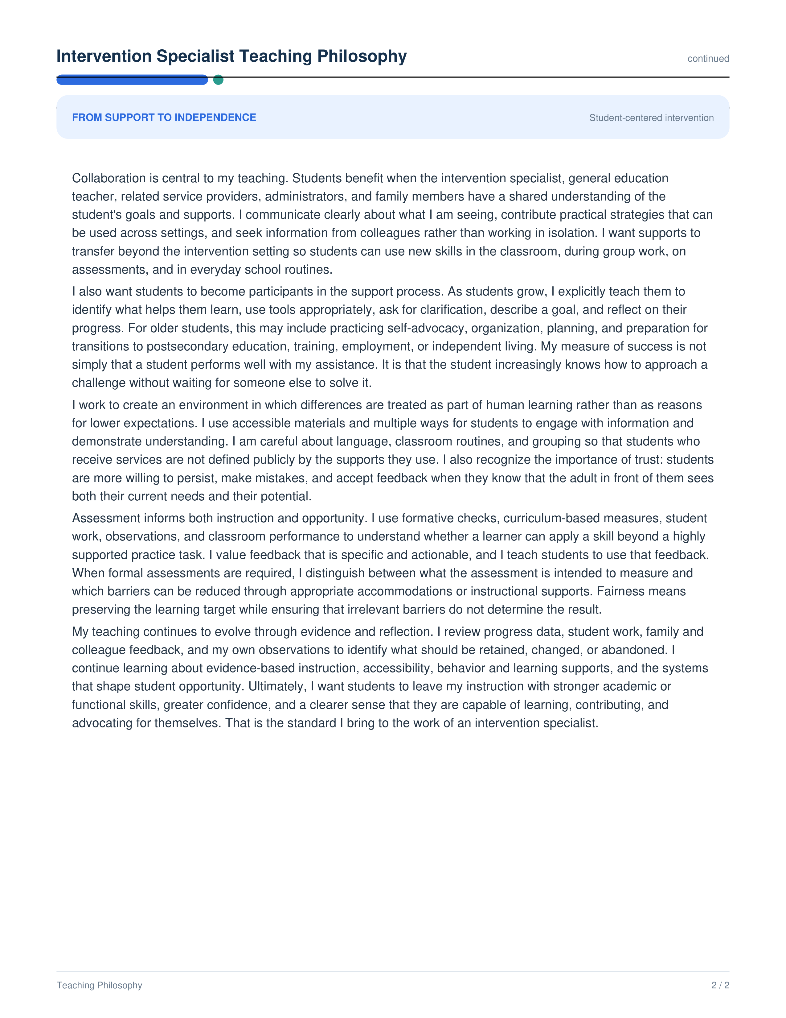 Intervention Specialist Teaching Philosophy — page 2