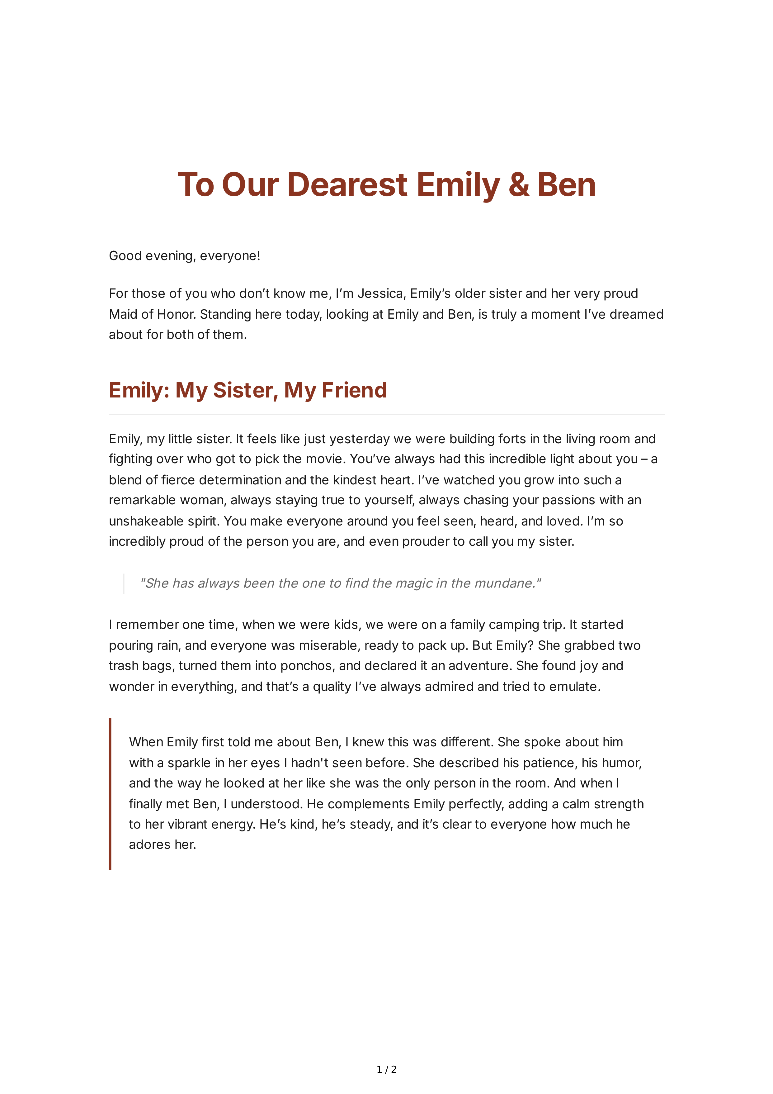 Intimate Wedding Maid of Honor Speech — page 1