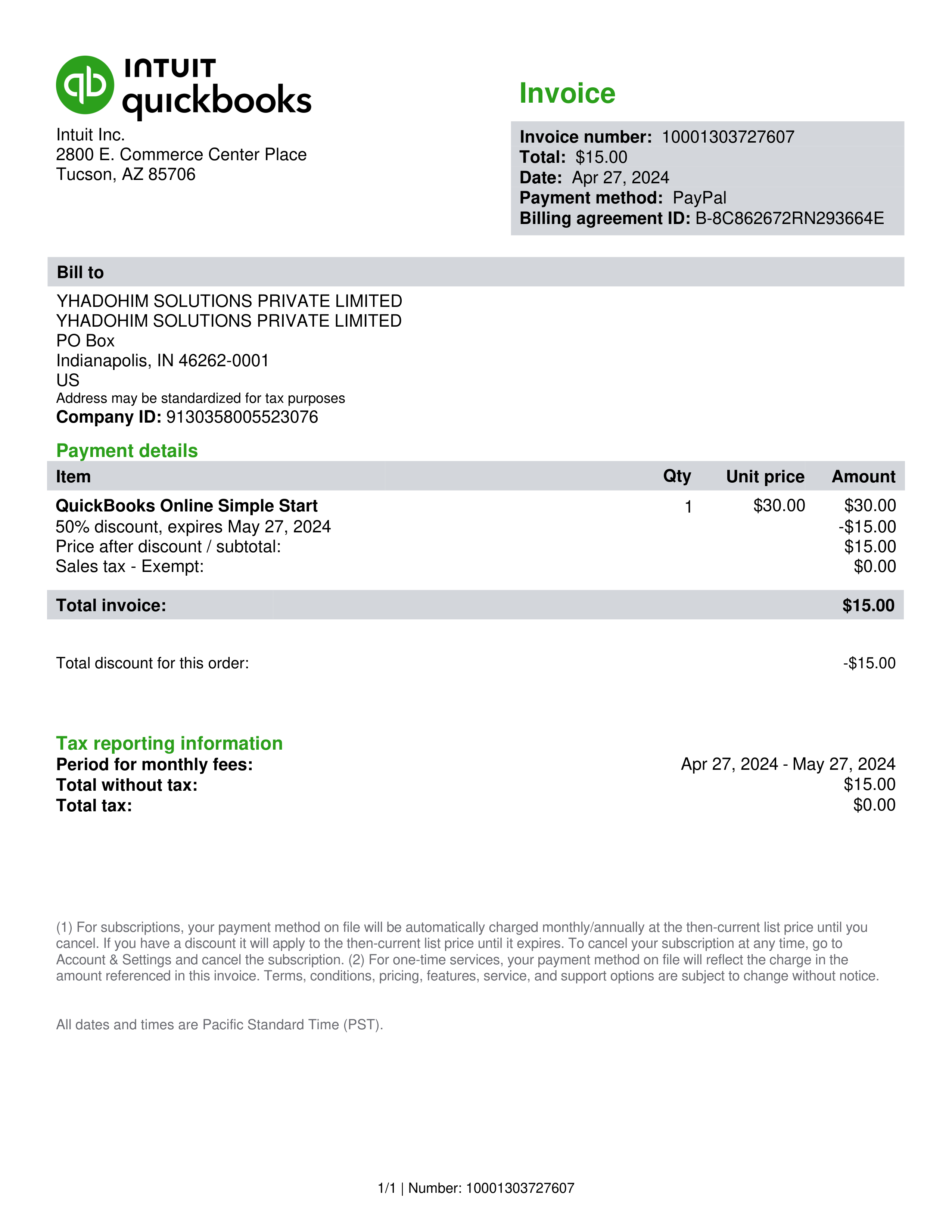 Intuit QuickBooks Tax Invoice — page 1