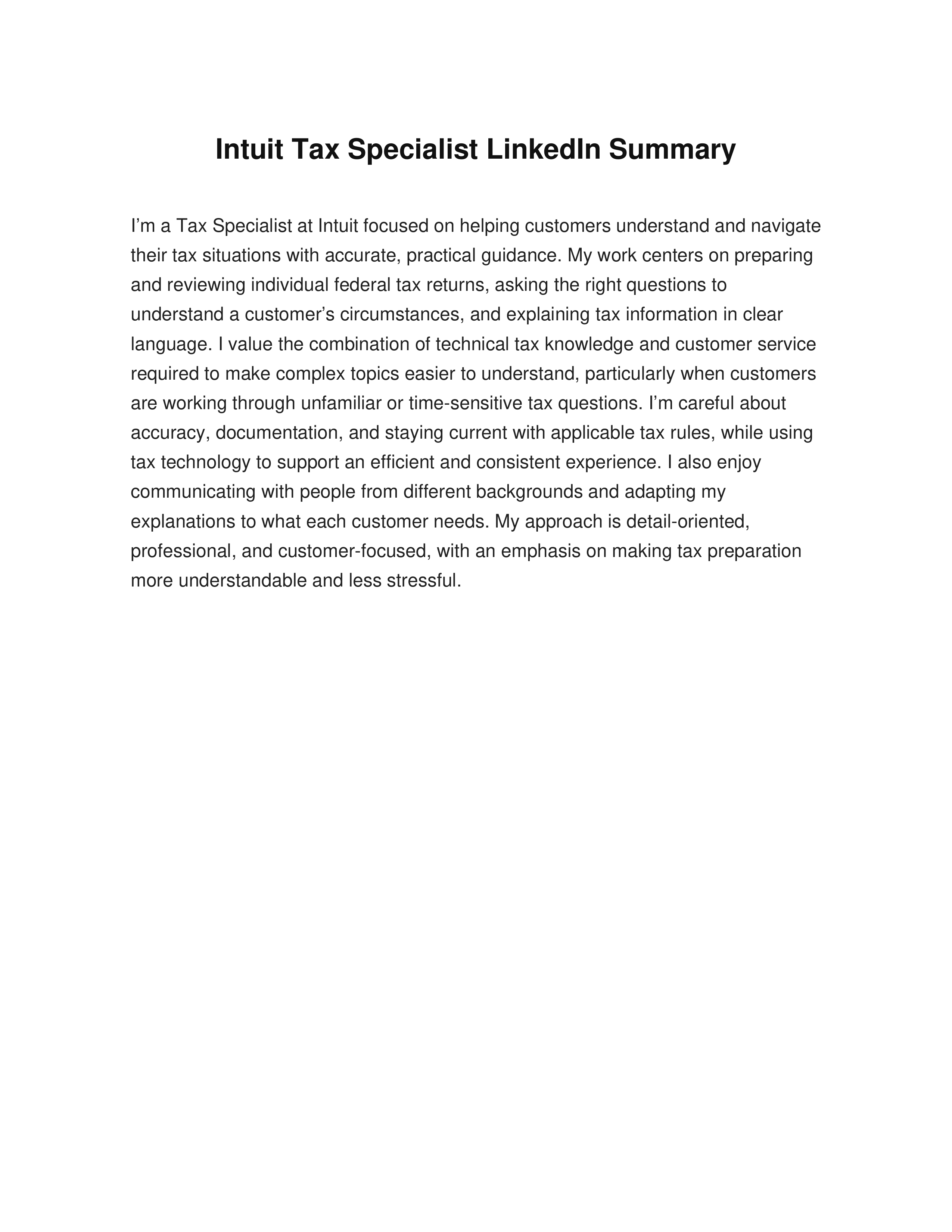 Intuit Tax Specialist LinkedIn Summary — page 1
