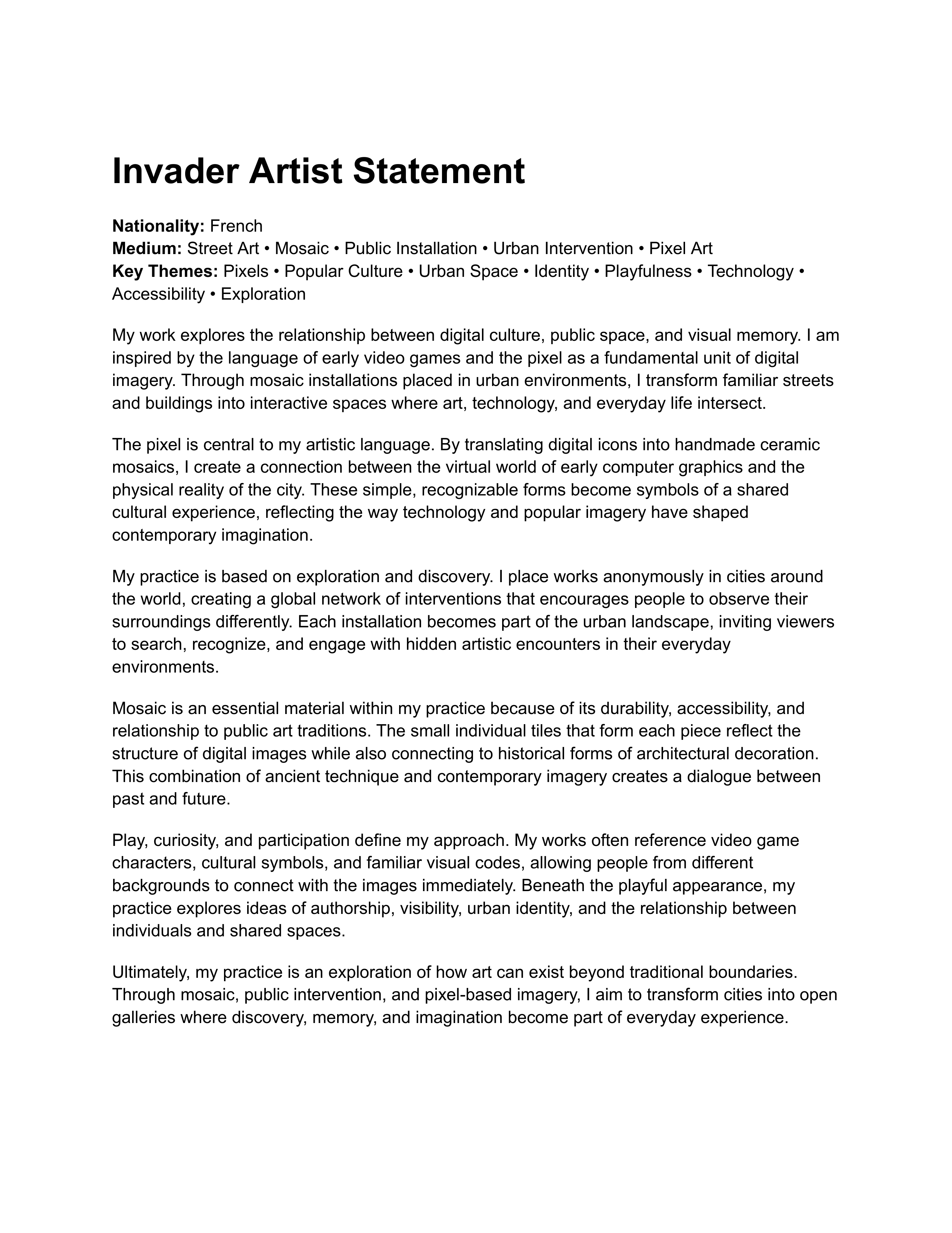 Invader Artist Statement — page 1